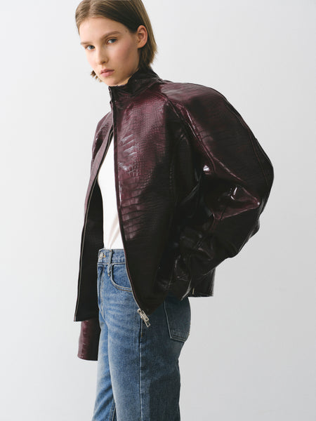 Croc-Embossed Coated Faux-Leather Jacket, Wine – SourceUnknown