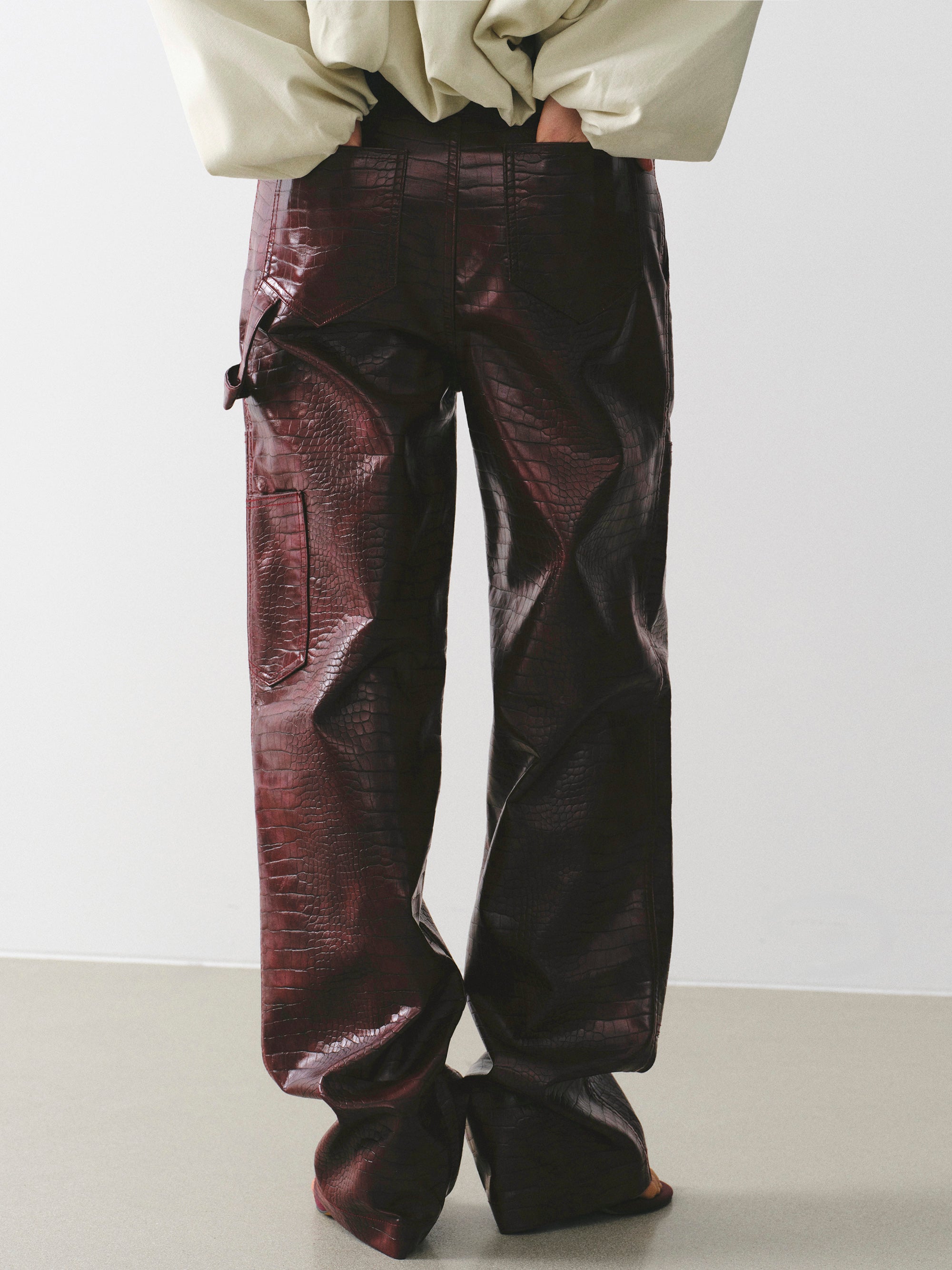 Croc-Embossed Coated Faux-Leather Trousers, Wine