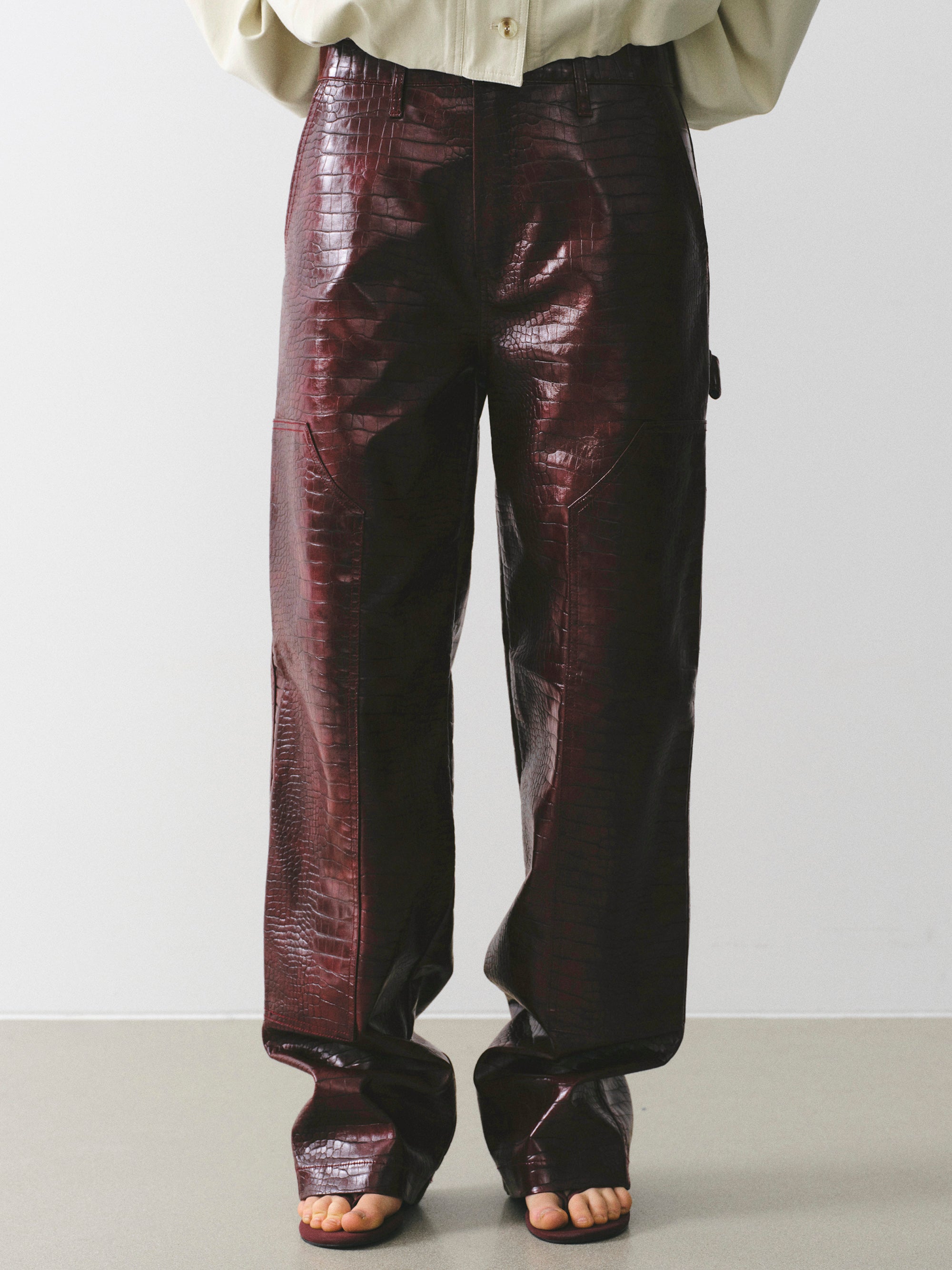 Croc-Embossed Coated Faux-Leather Trousers, Wine