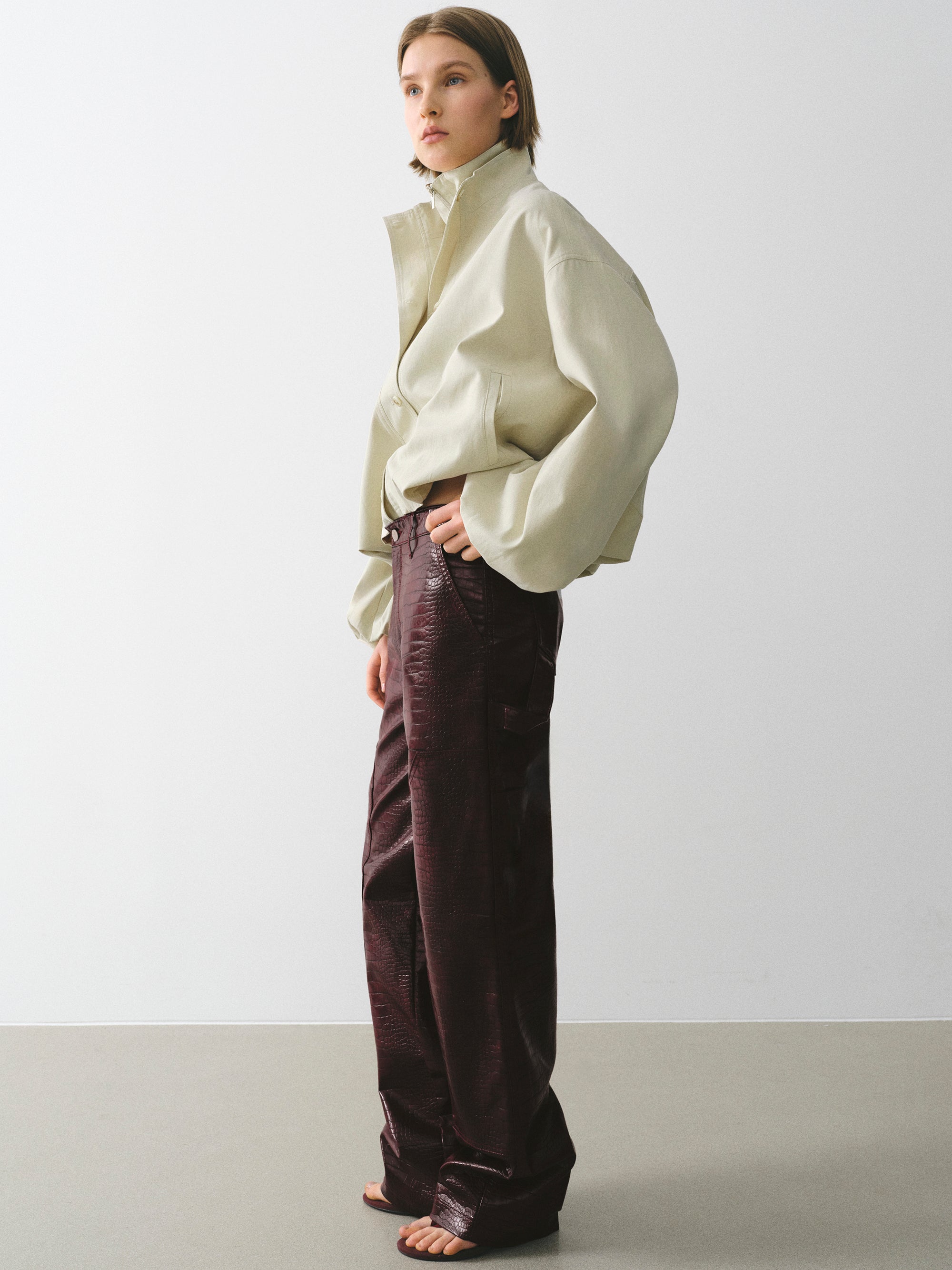 Croc-Embossed Coated Faux-Leather Trousers, Wine