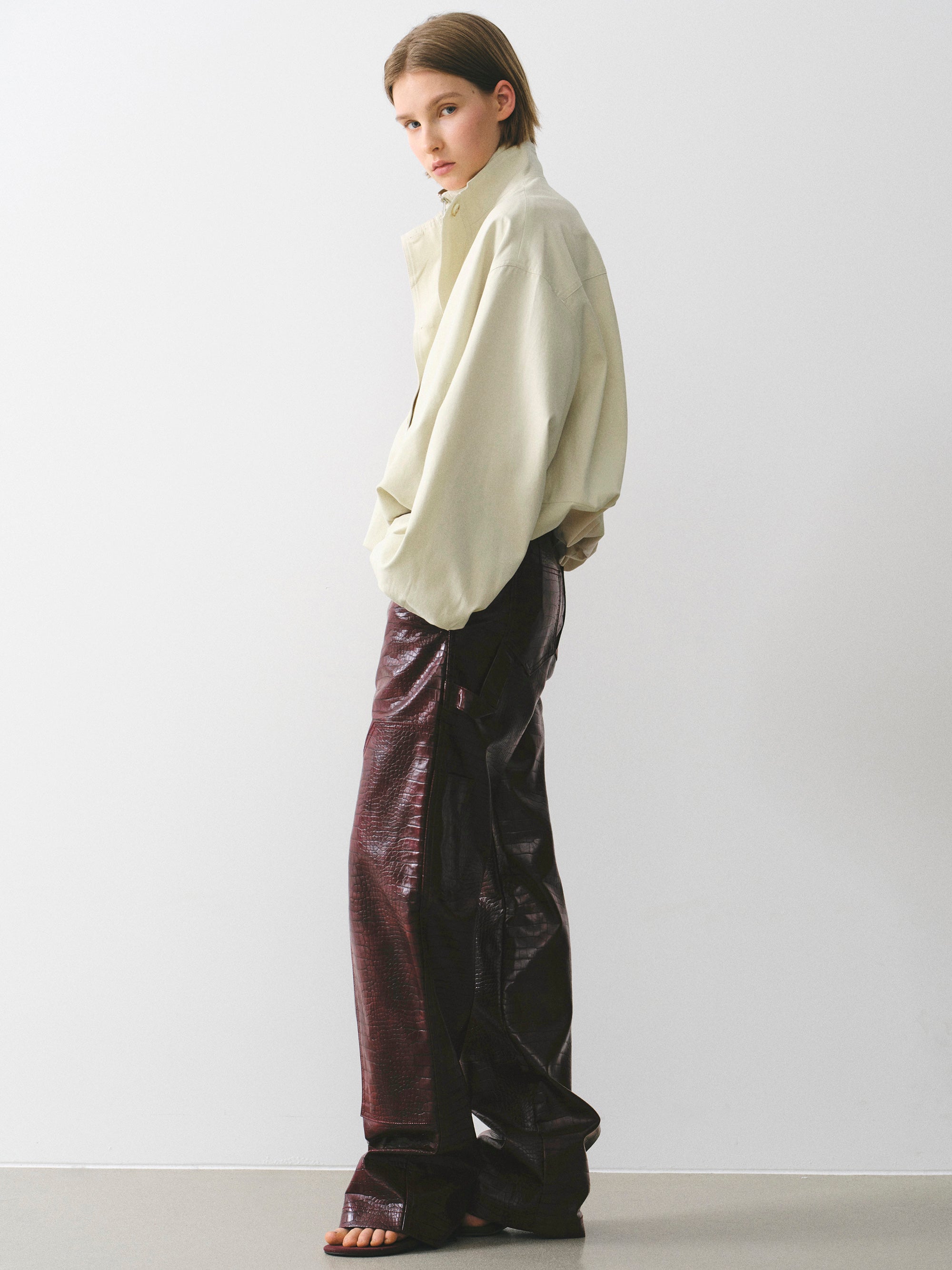 Croc-Embossed Coated Faux-Leather Trousers, Wine