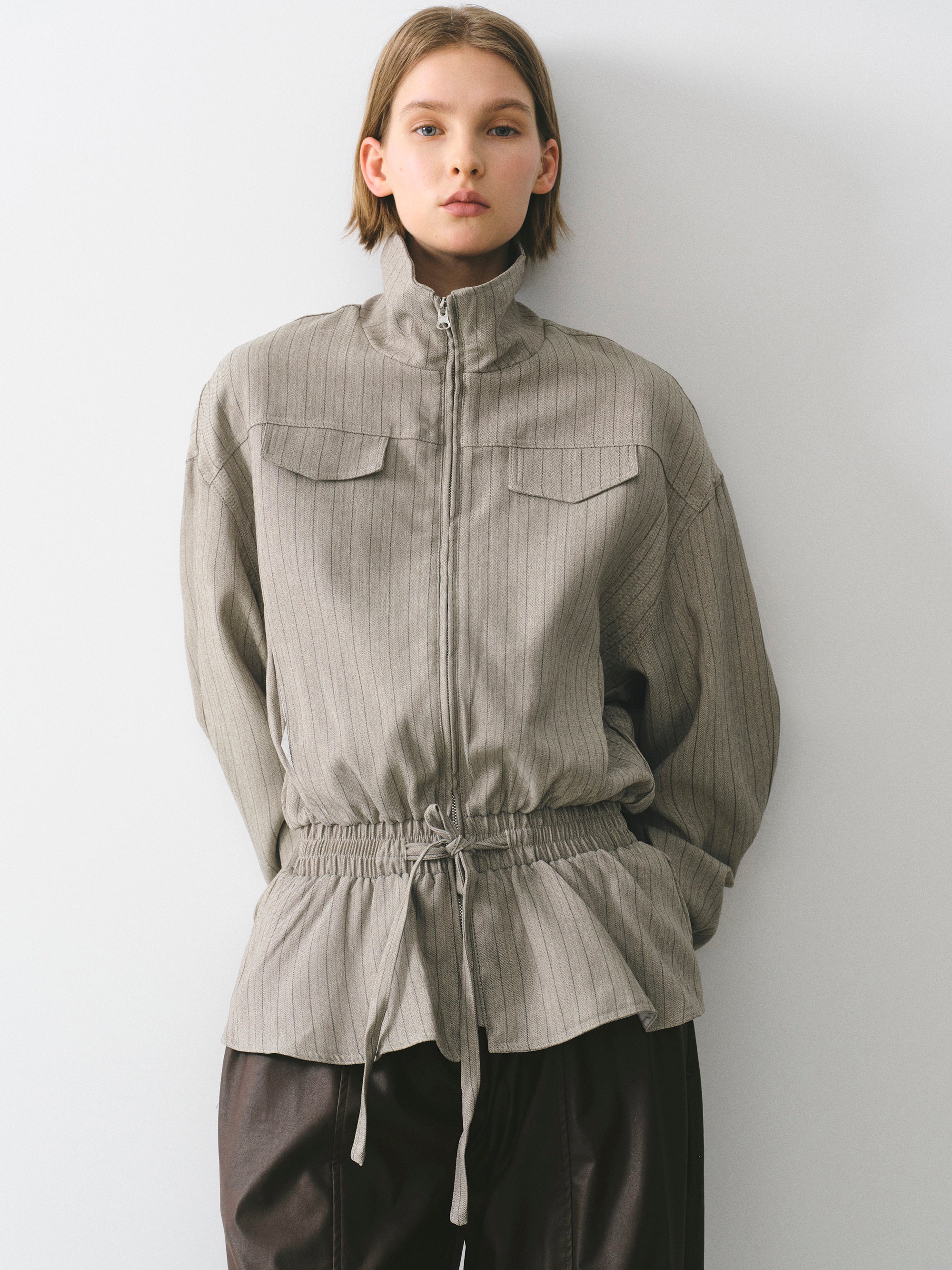 Rowan Drawstring Peplum Track Jacket, Beige