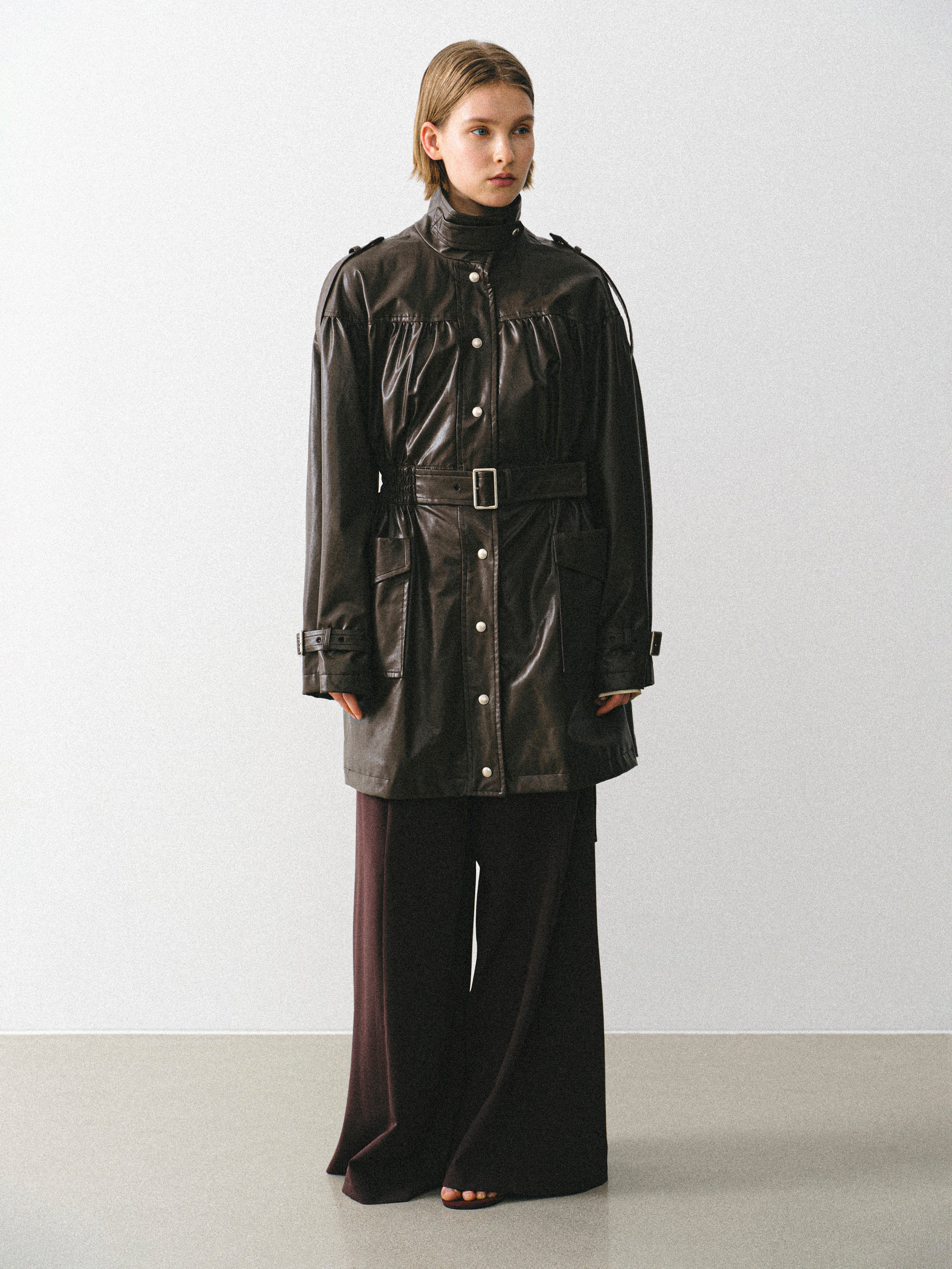 Kinsley Belted Faux-Leather Utility Jacket, Brown