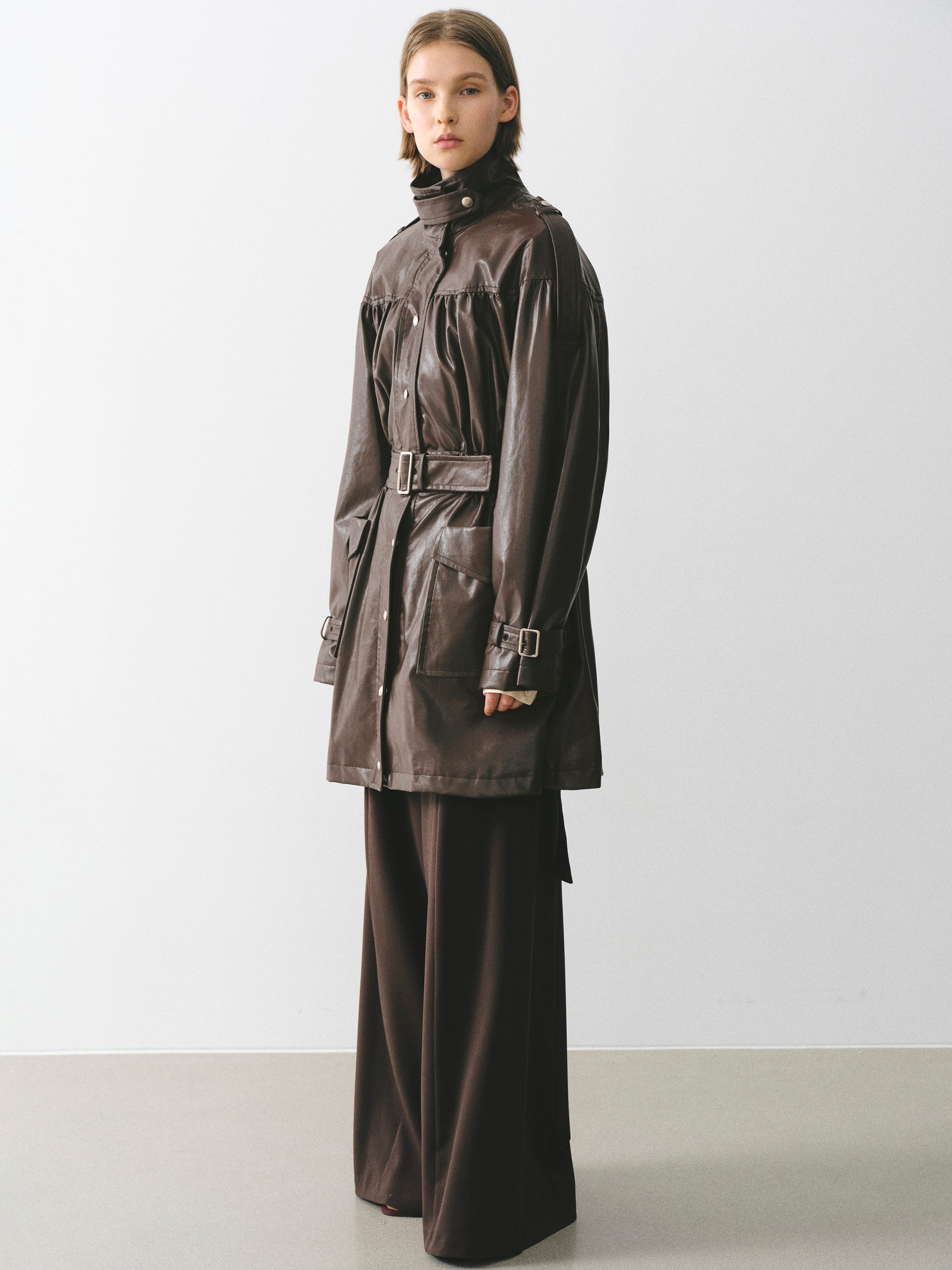 Kinsley Belted Faux-Leather Utility Jacket, Brown