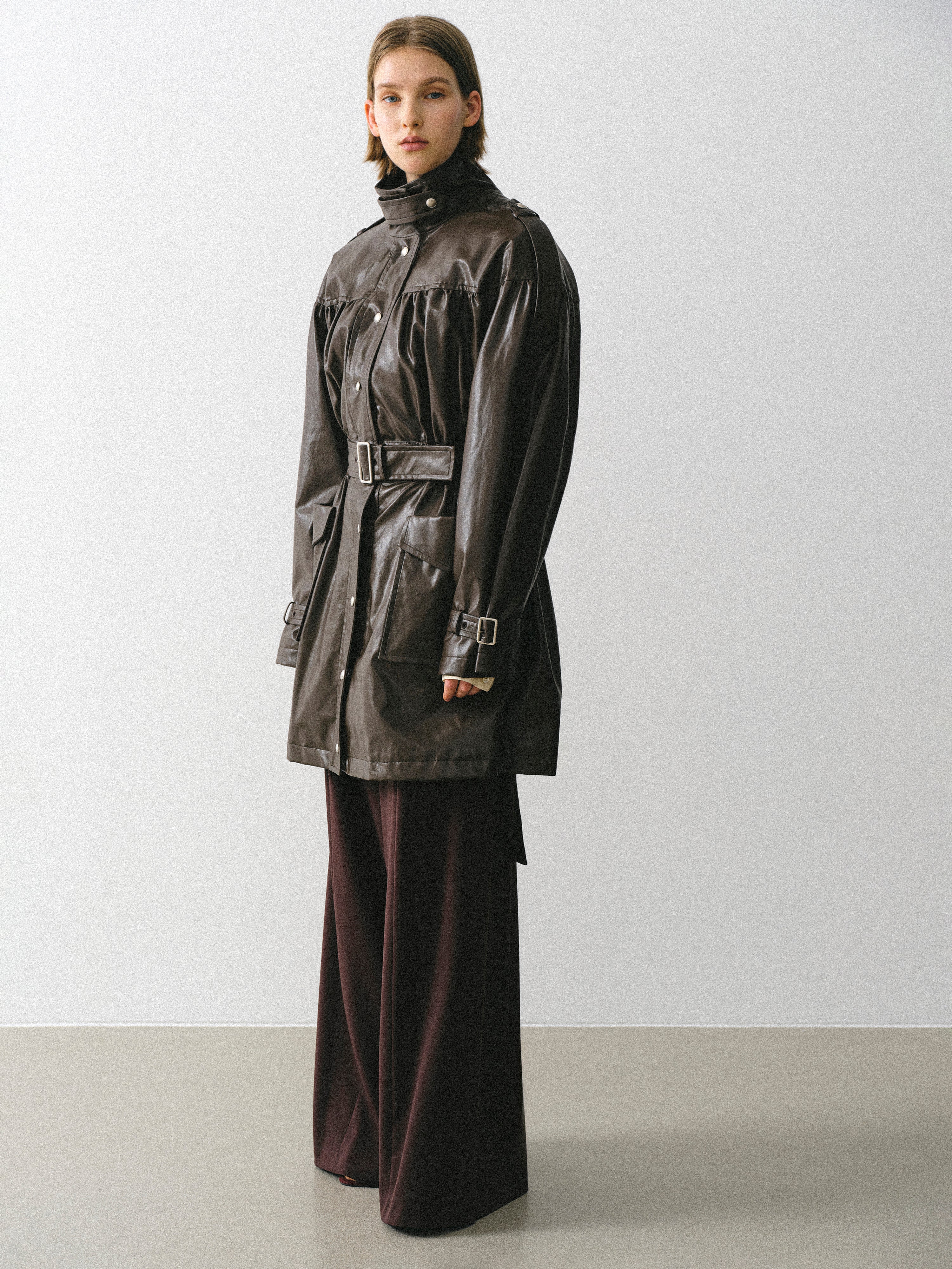 Kinsley Belted Faux-Leather Utility Jacket, Brown