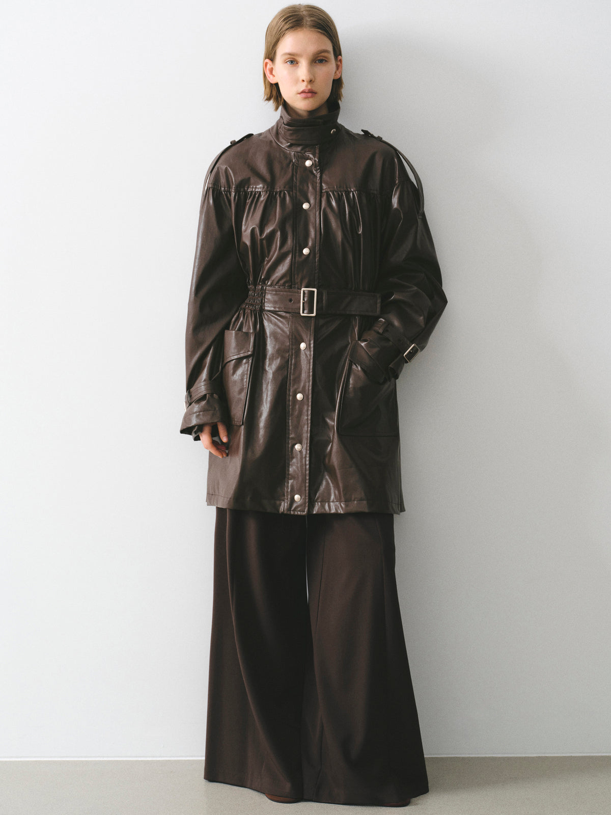 Kinsley Belted Faux-Leather Utility Jacket, Brown