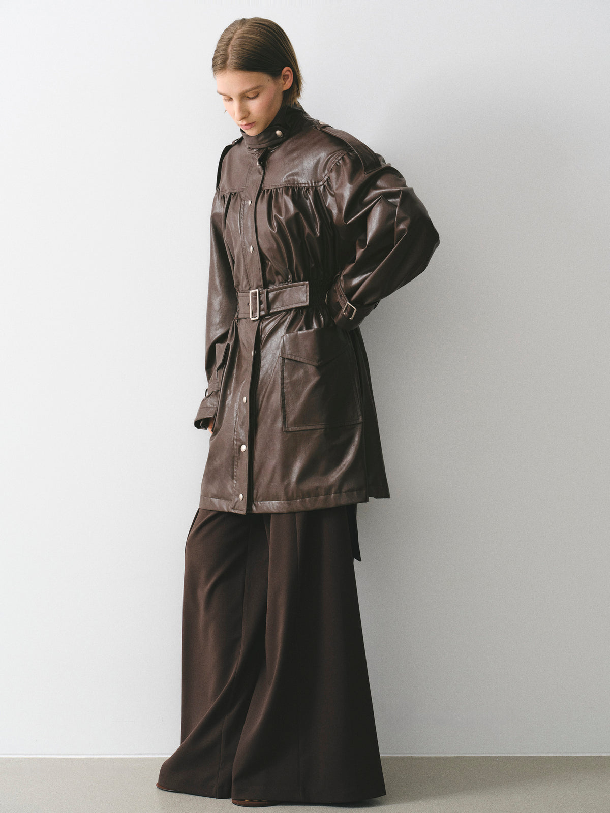 Kinsley Belted Faux-Leather Utility Jacket, Brown