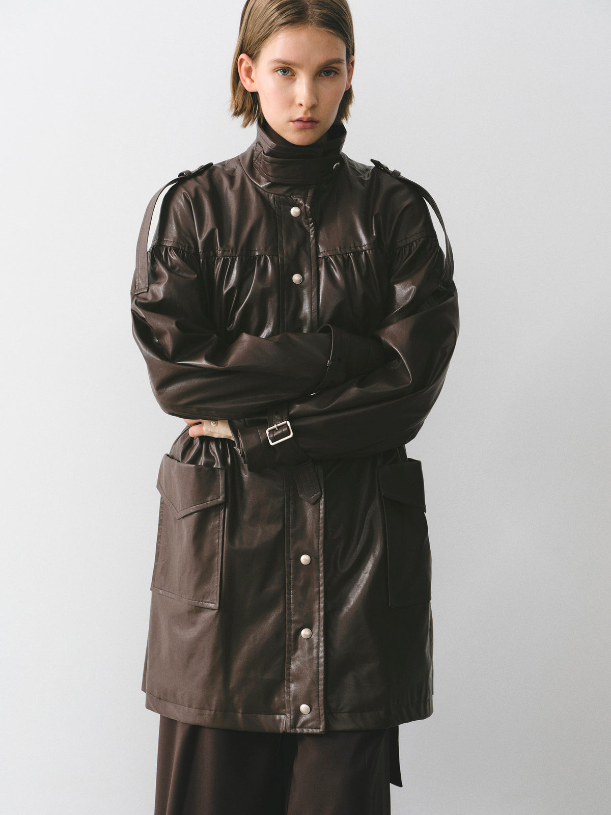 Kinsley Belted Faux-Leather Utility Jacket, Brown