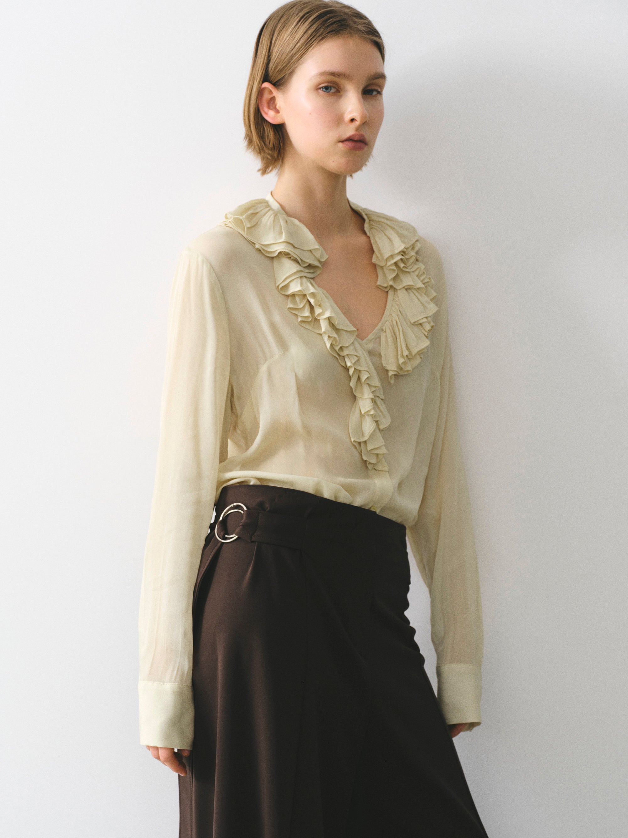 Frill-Collar Blouse, Beige