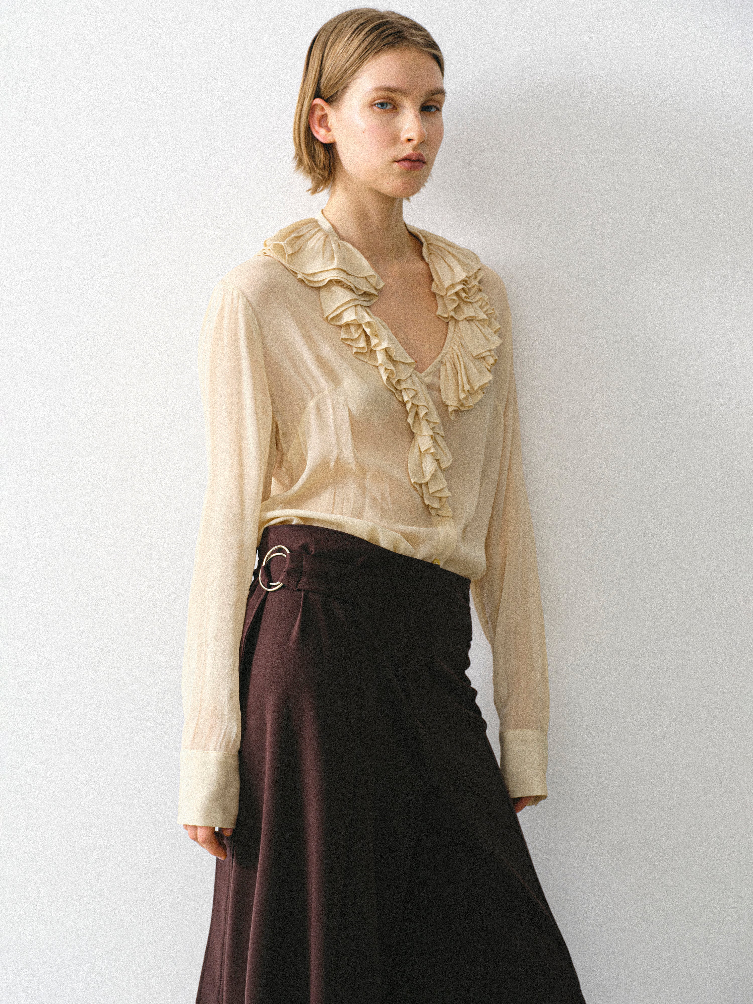 Frill-Collar Blouse, Beige