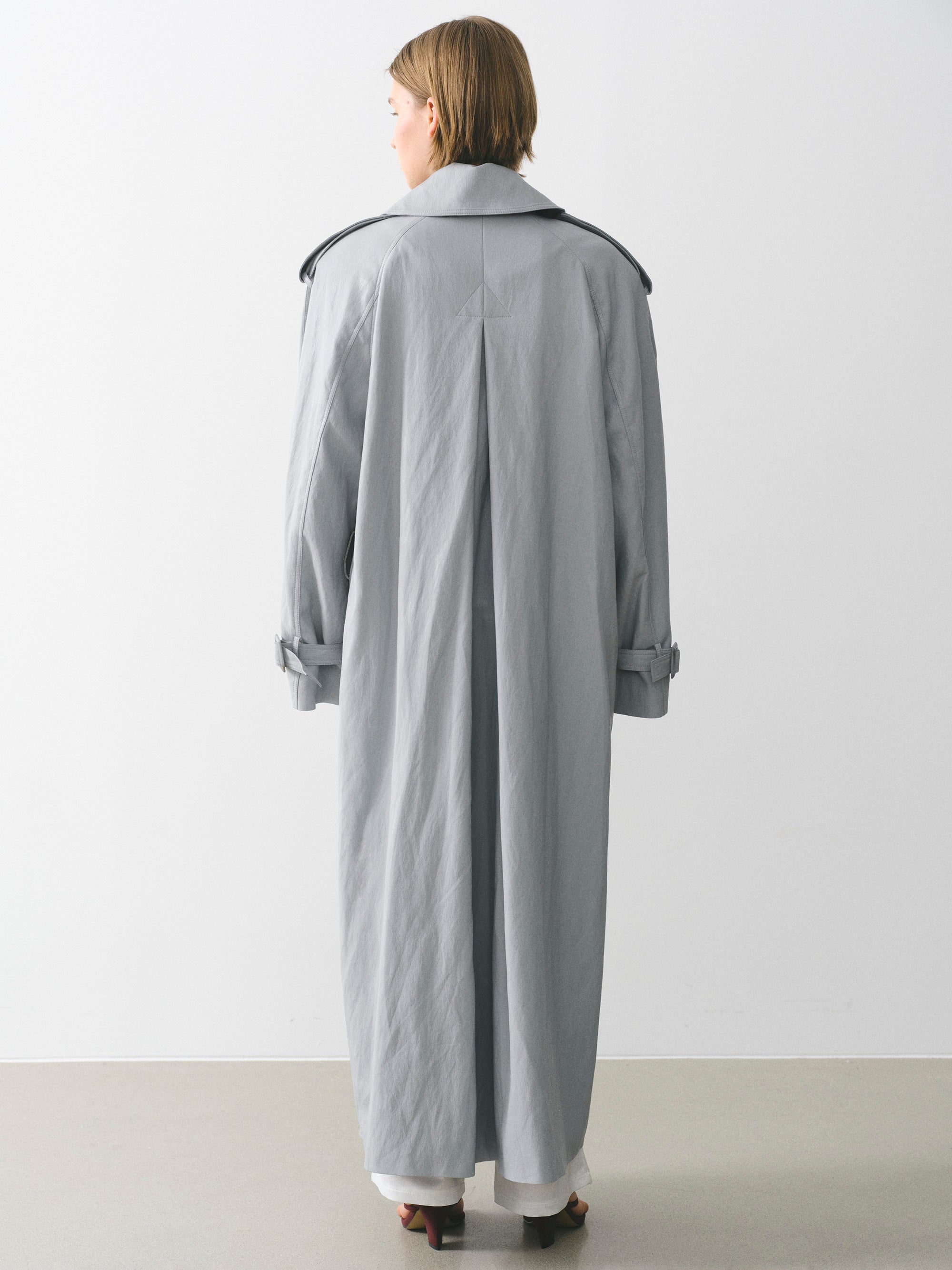 Oversized Faux-Leather Trench Coat, Pale Blue