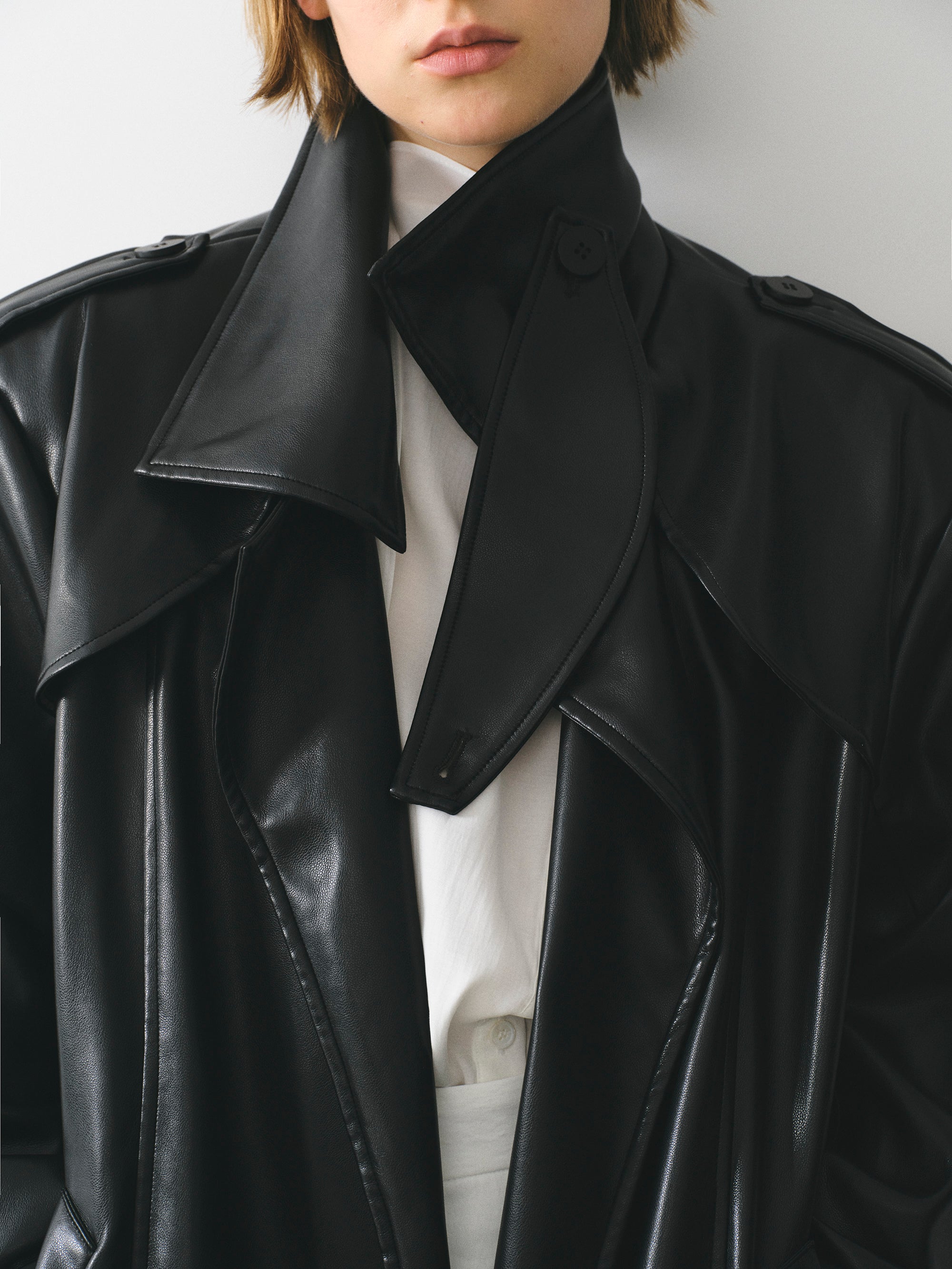 Belted Faux-Leather Coat, Black