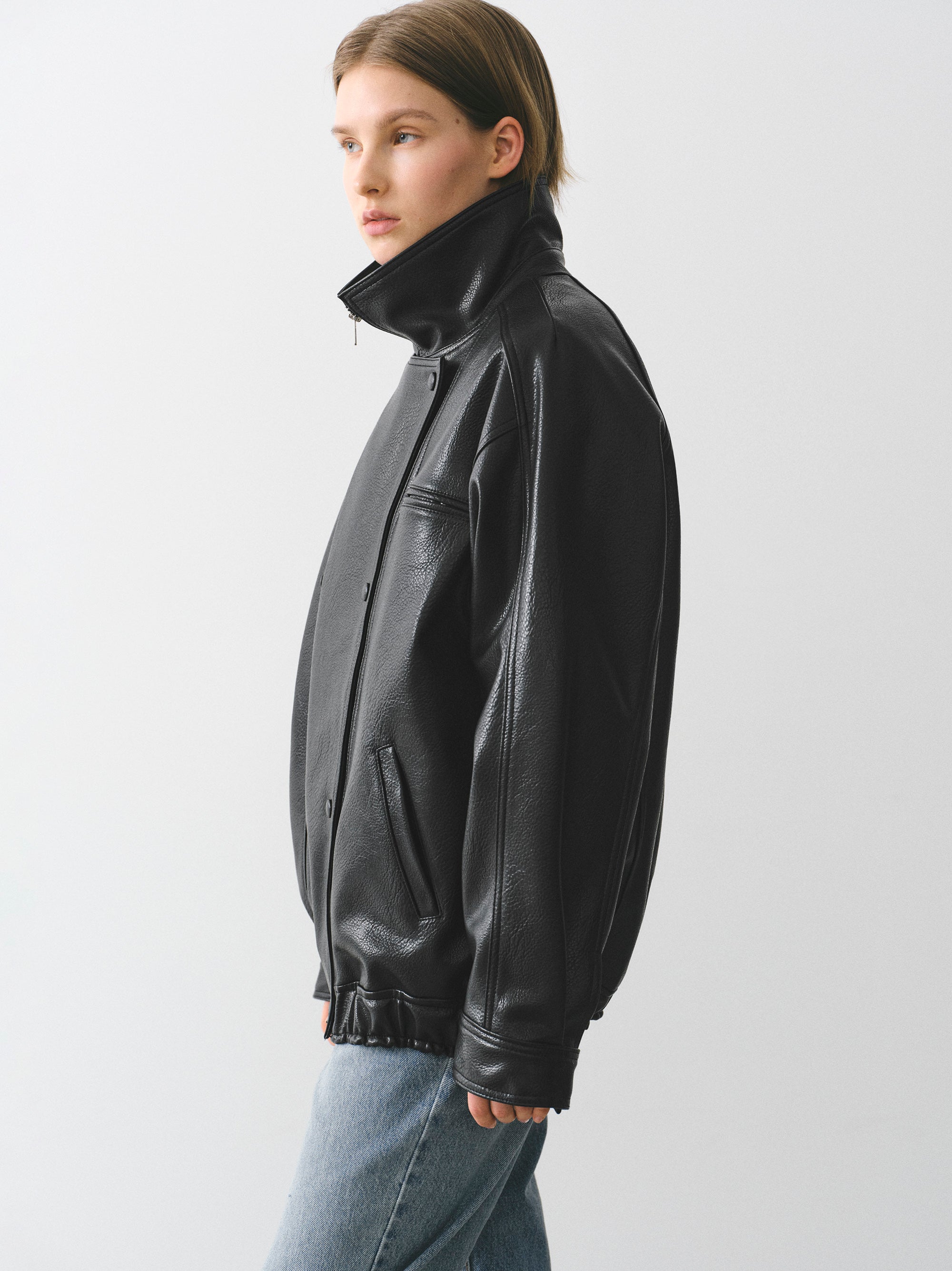 Double Collar Faux-Leather Jacket, Black
