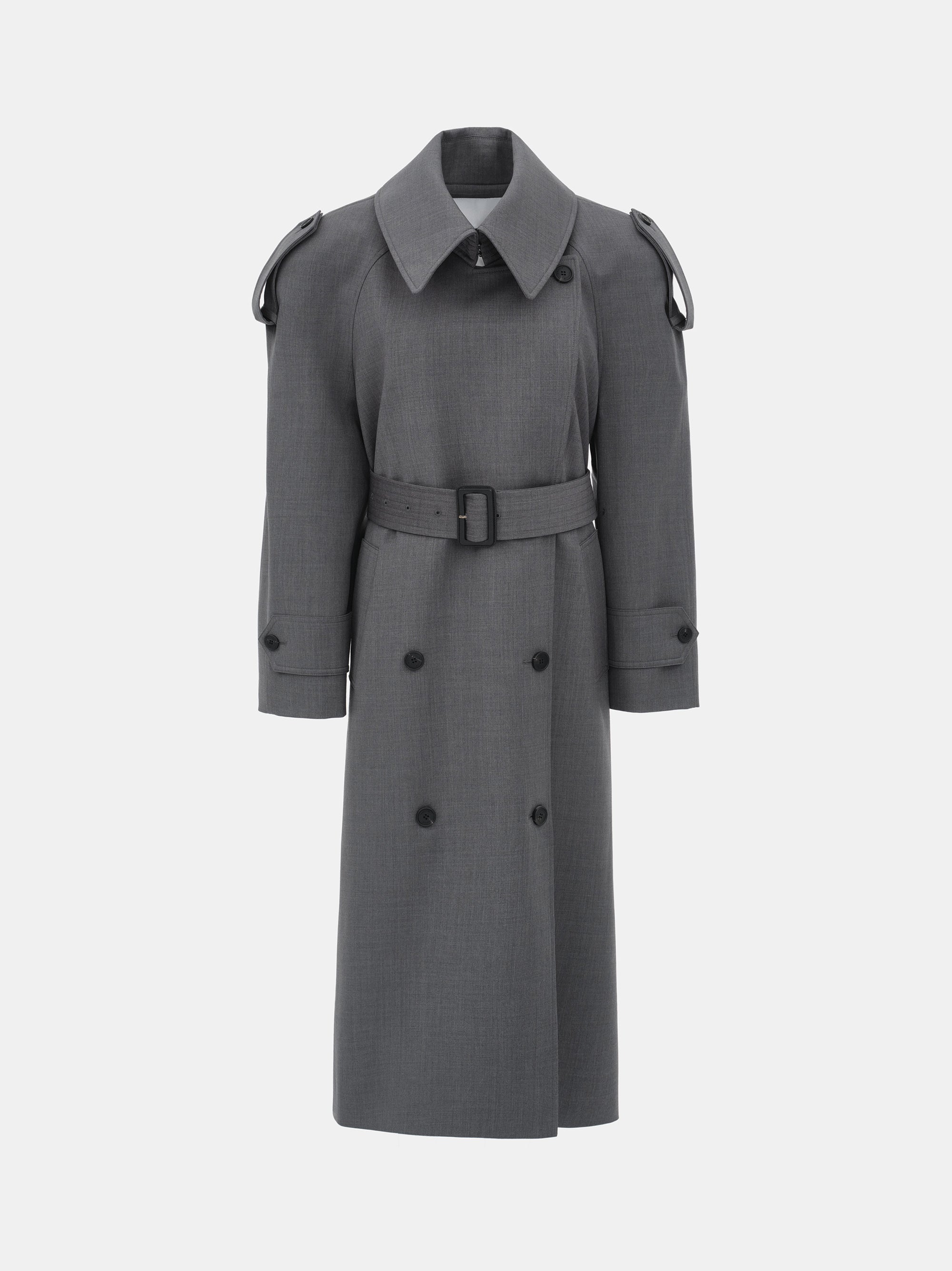 Double-Breasted High Collar Trench Coat, Grey