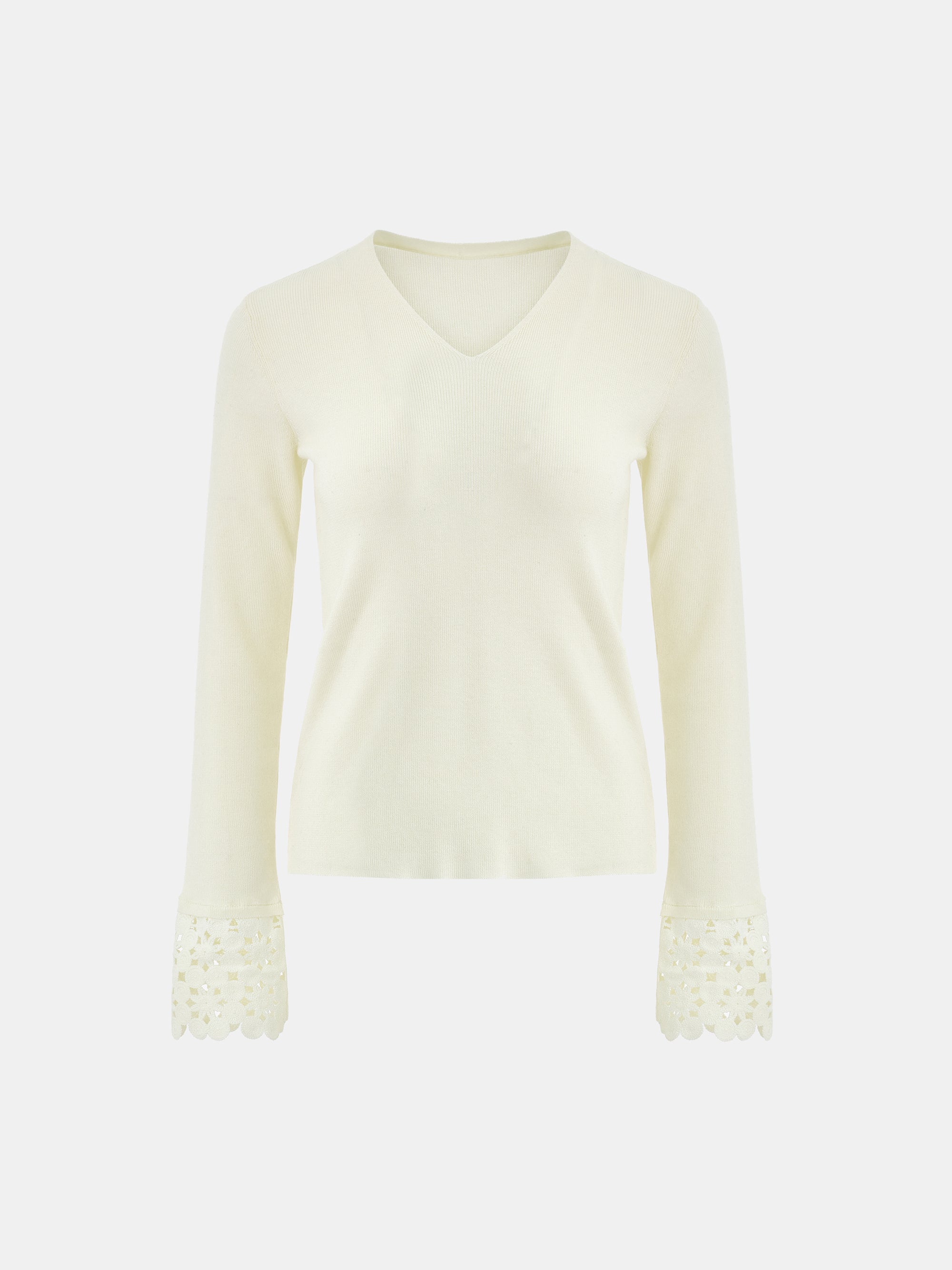 Nilo Crochet Cuff V-Neck Knit Top, Ivory