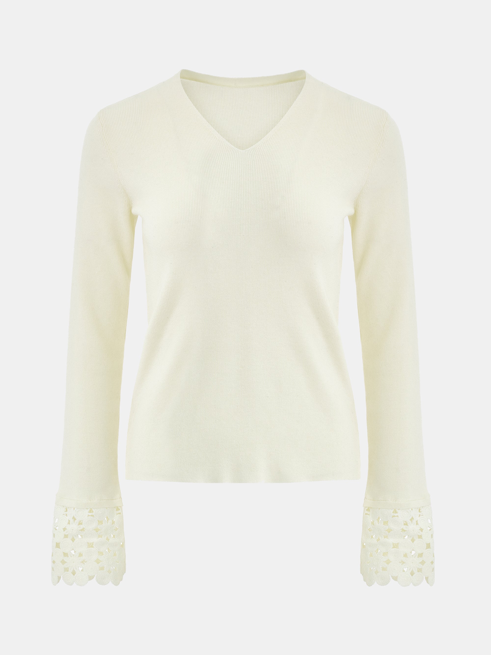 Crochet Cuff V-Neck Knit Top, Ivory