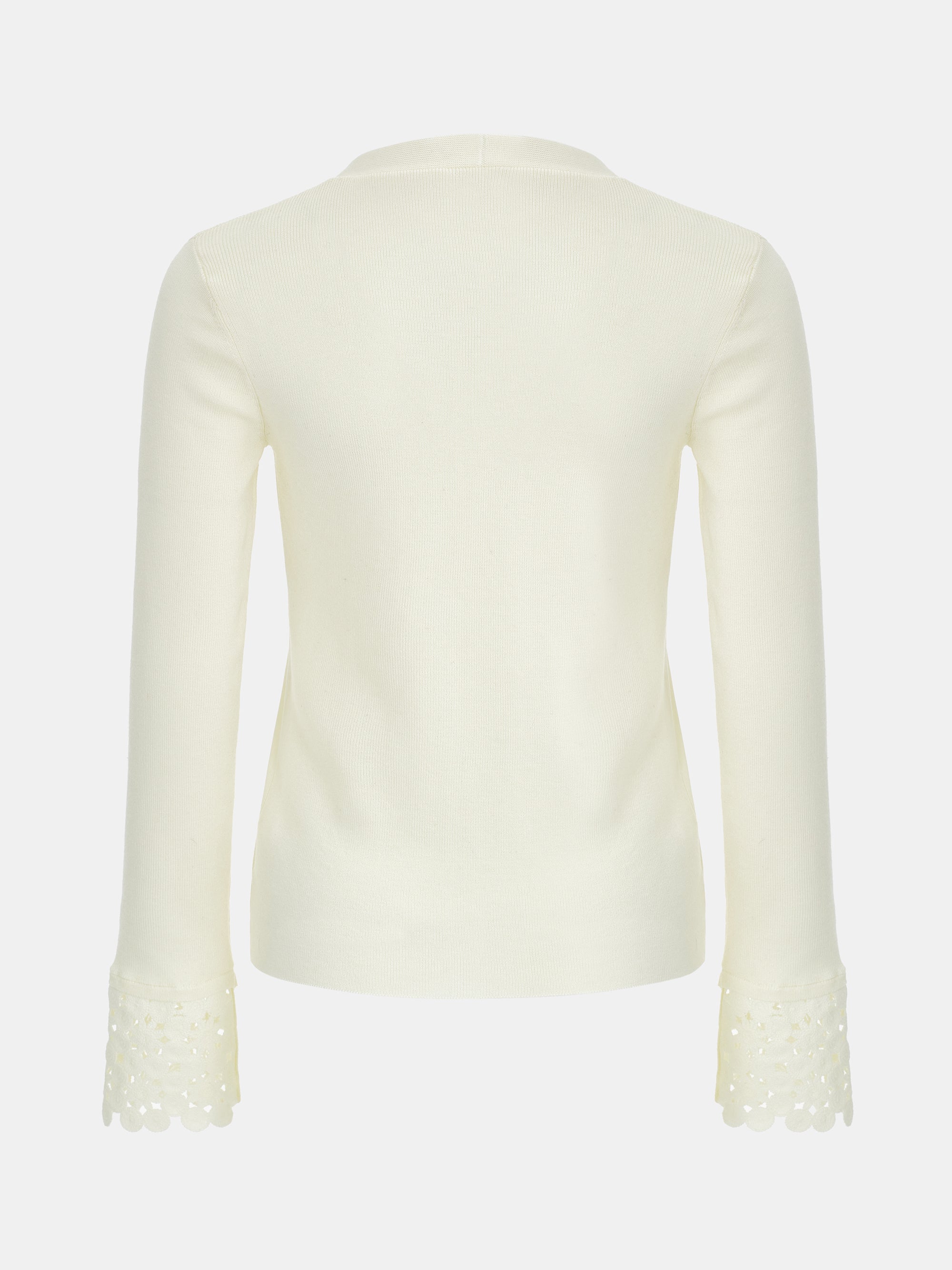 Crochet Cuff V-Neck Knit Top, Ivory