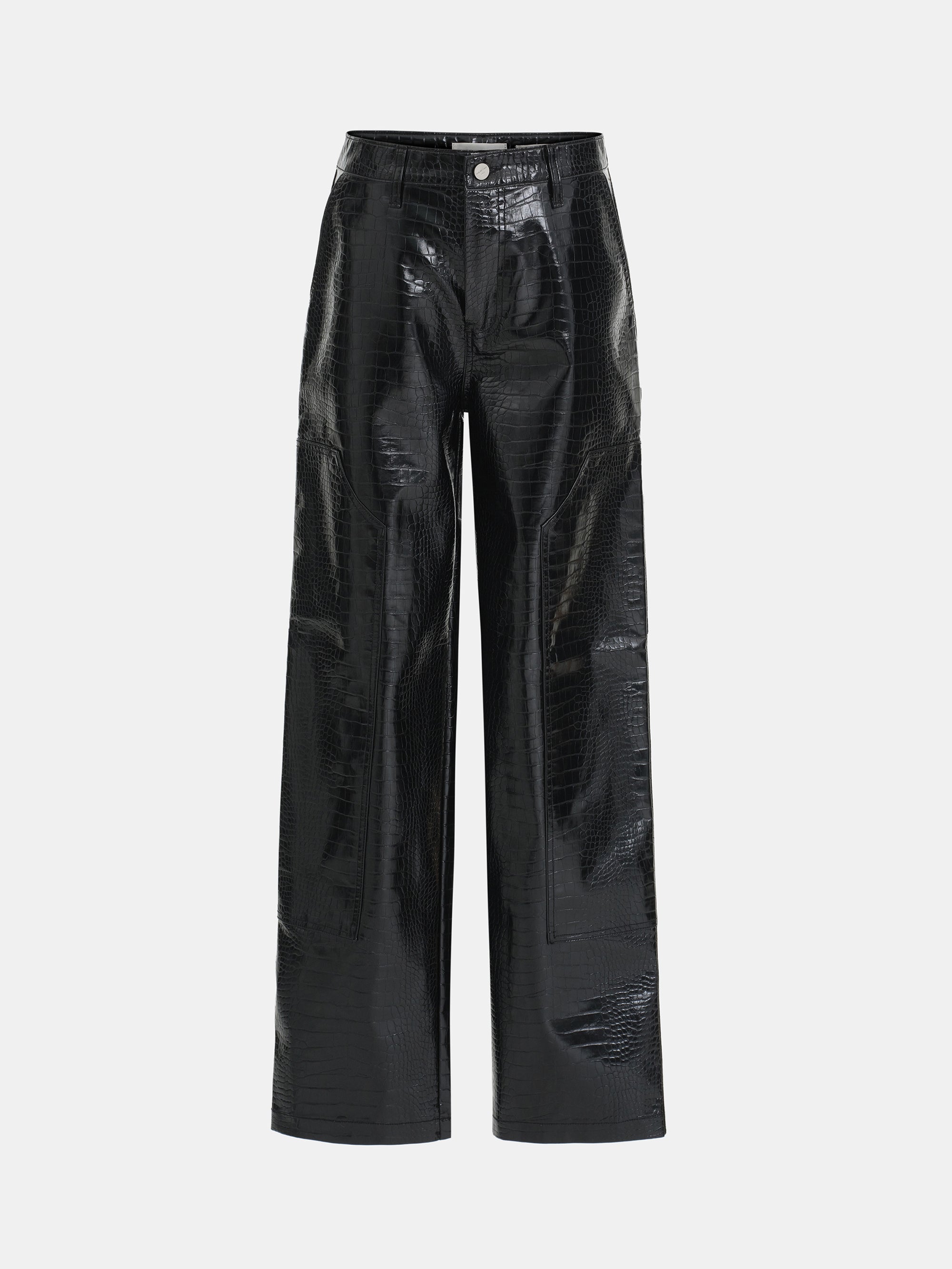 Croc-Embossed Coated Faux-Leather Trousers, Black