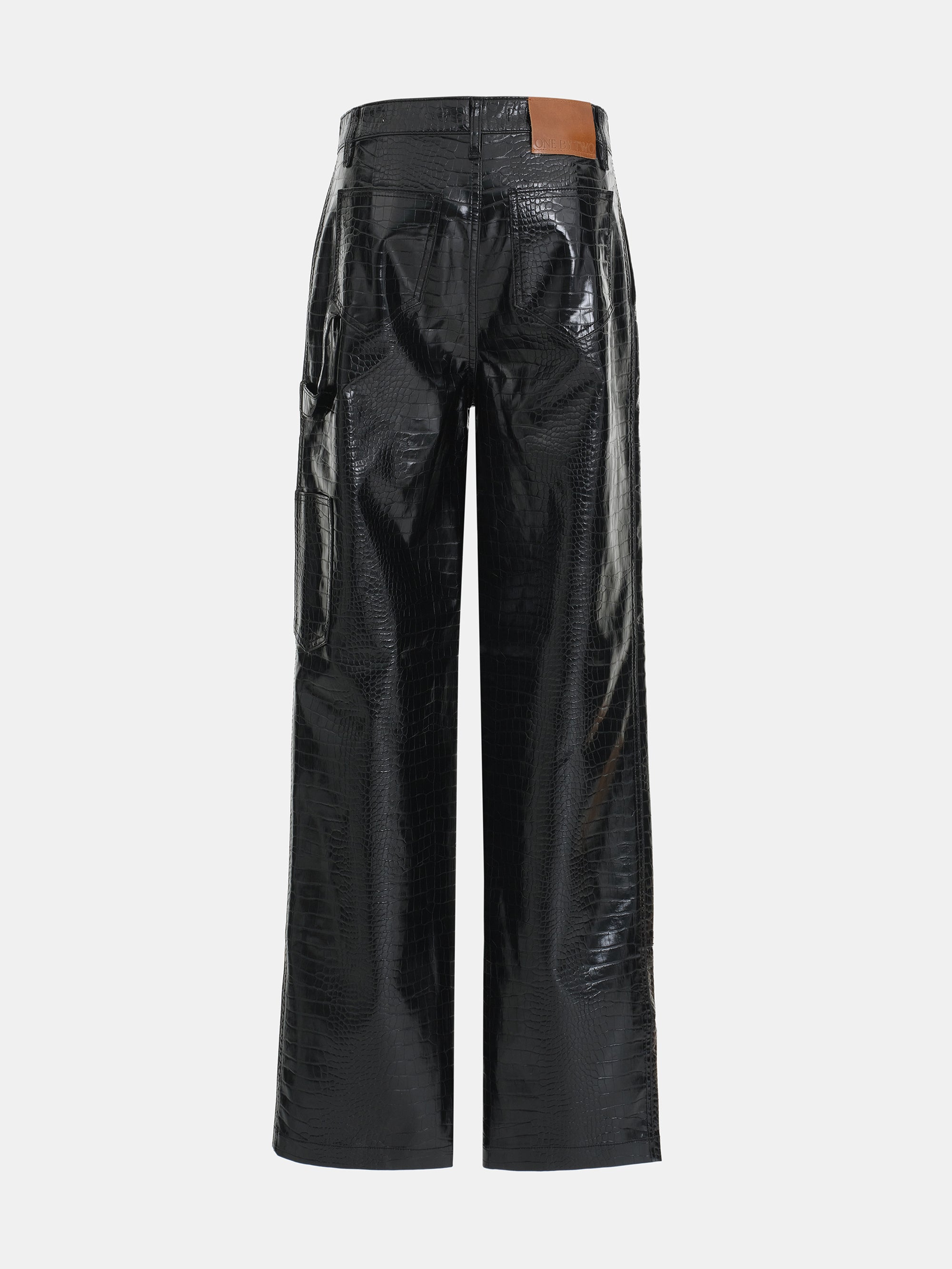 Croc-Embossed Coated Faux-Leather Trousers, Black