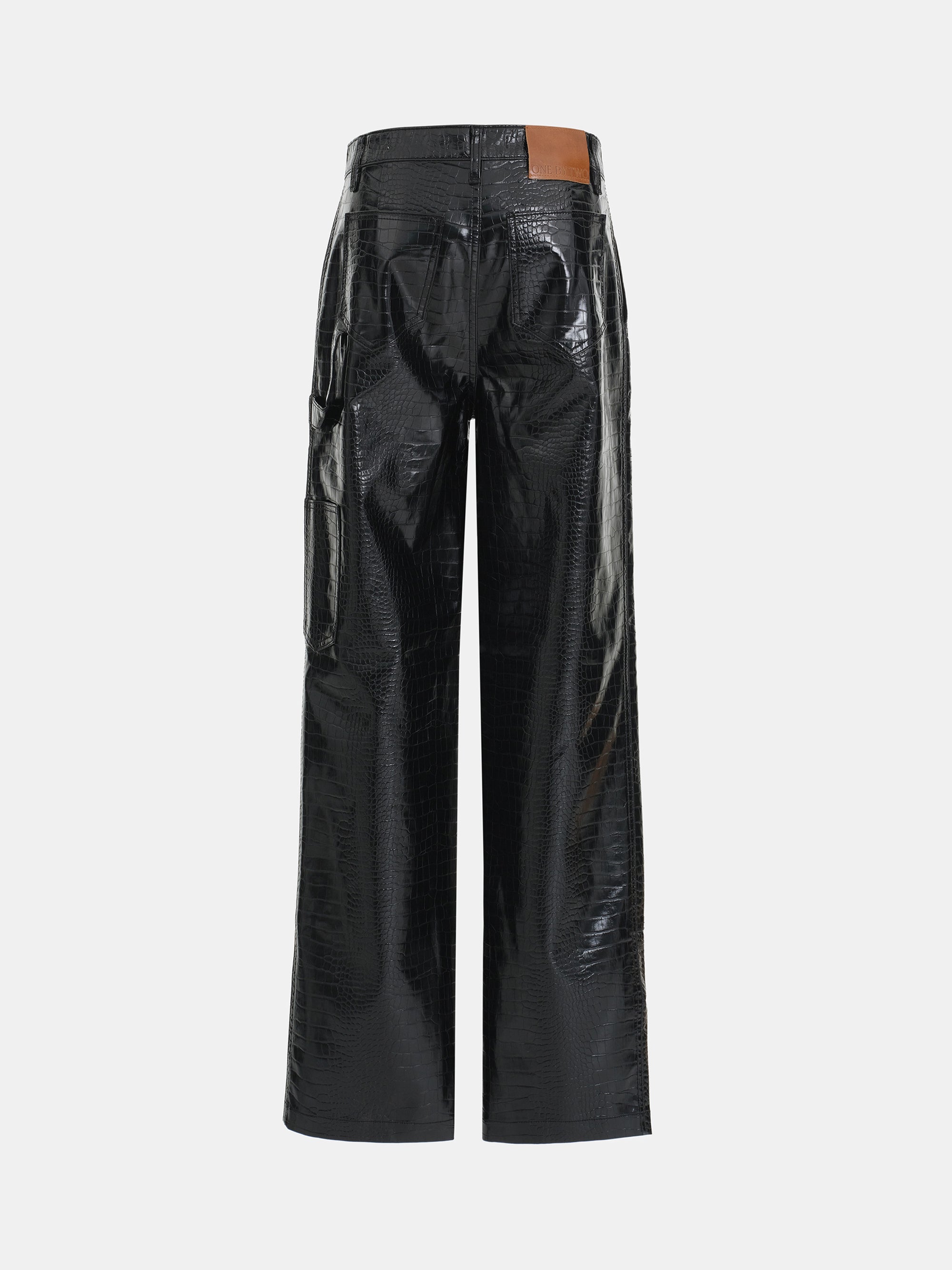 Croc-Embossed Coated Faux-Leather Trousers, Black