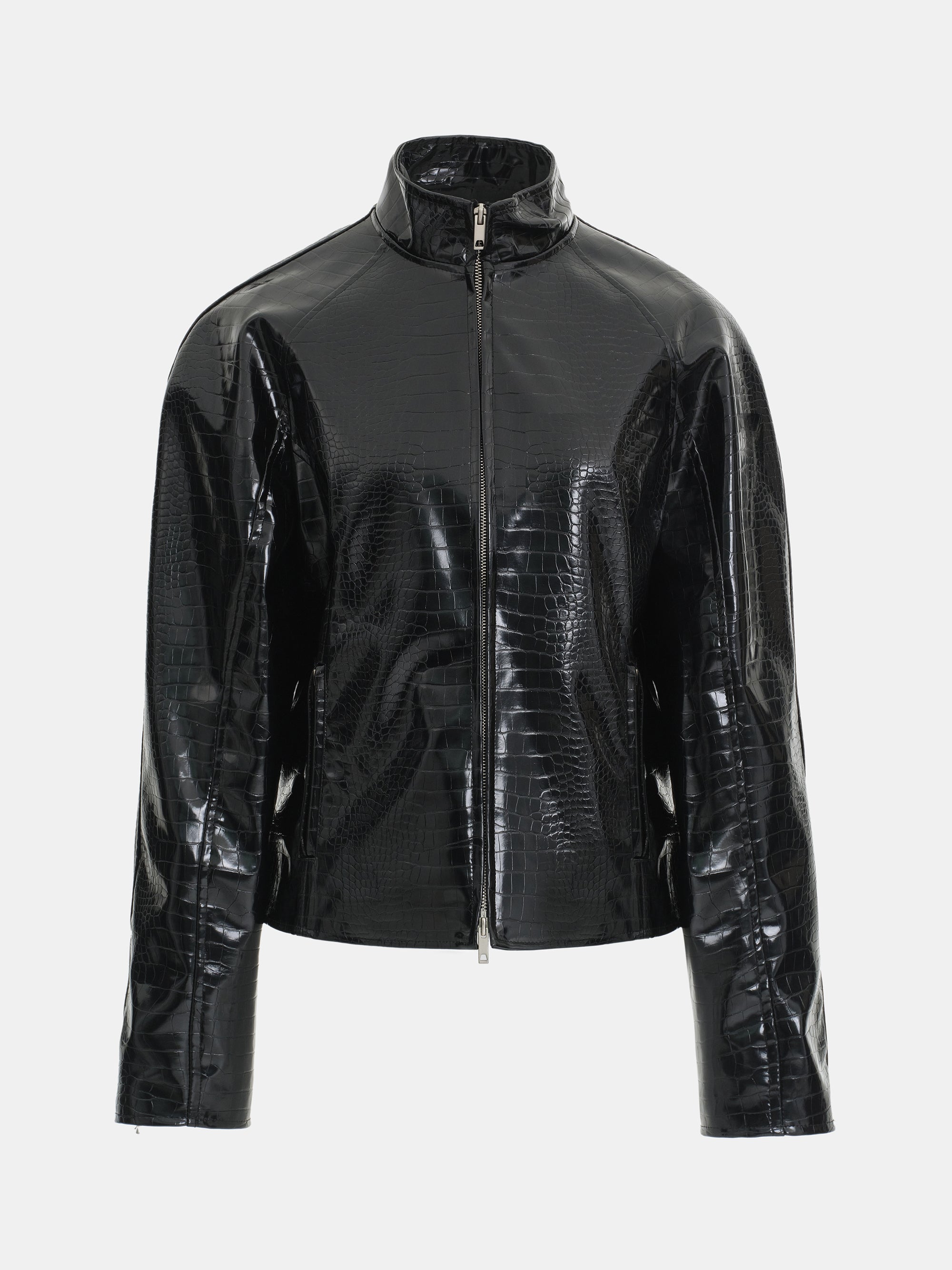 Croc-Embossed Coated Faux-Leather Jacket, Black