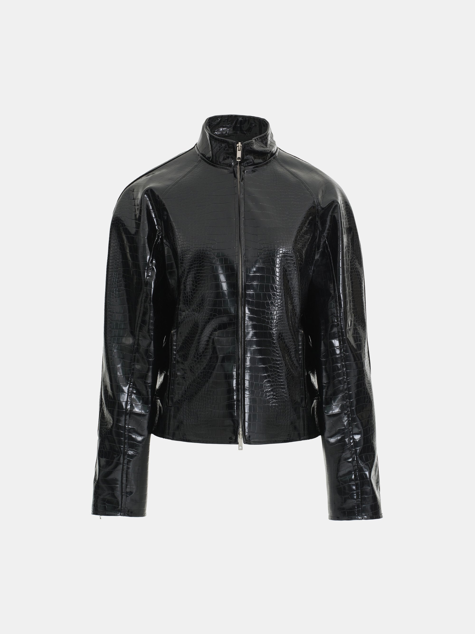 Croc-Embossed Coated Faux-Leather Jacket, Black