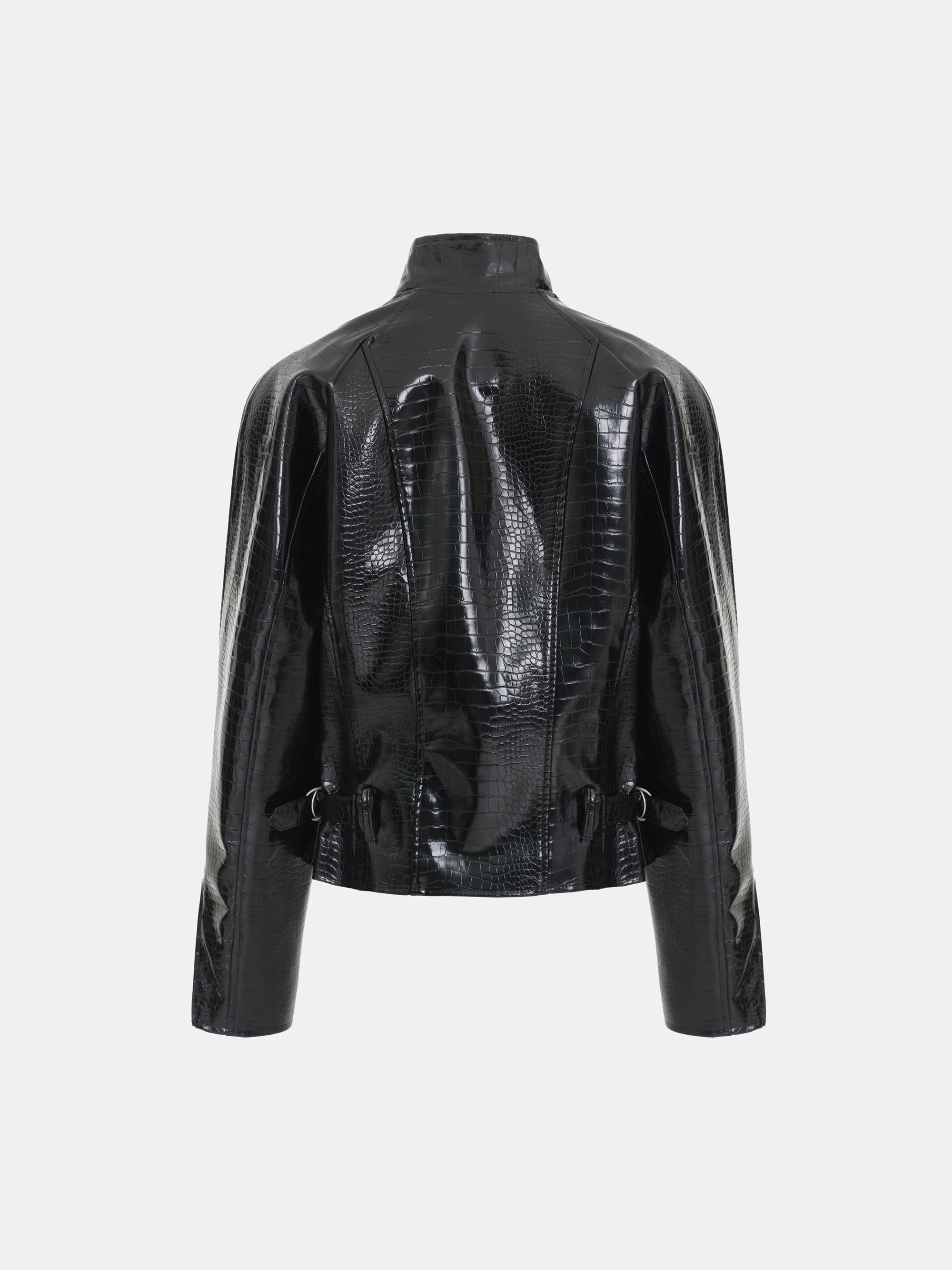 Croc-Embossed Coated Faux-Leather Jacket, Black