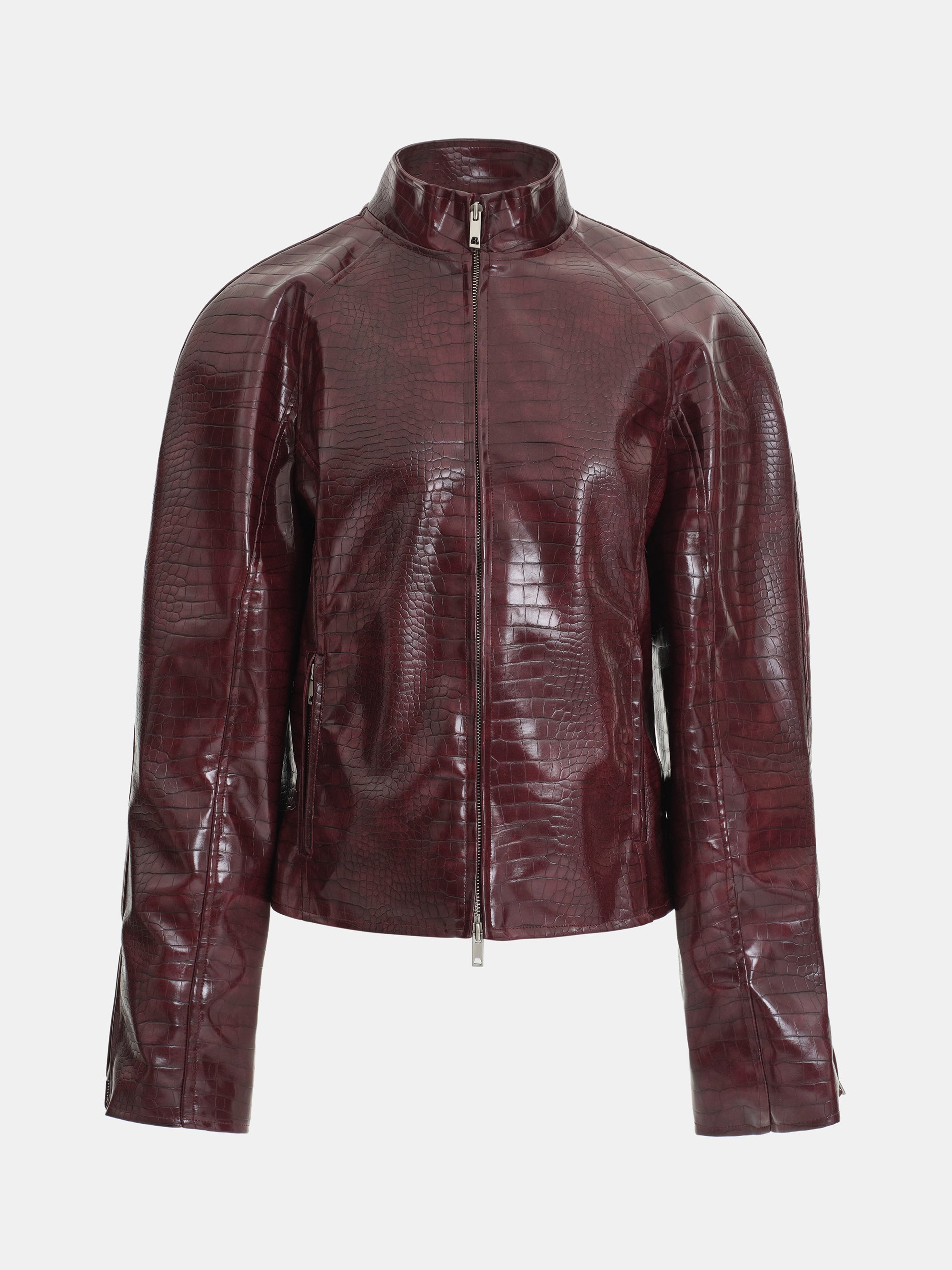 Croc-Embossed Coated Faux-Leather Jacket, Wine