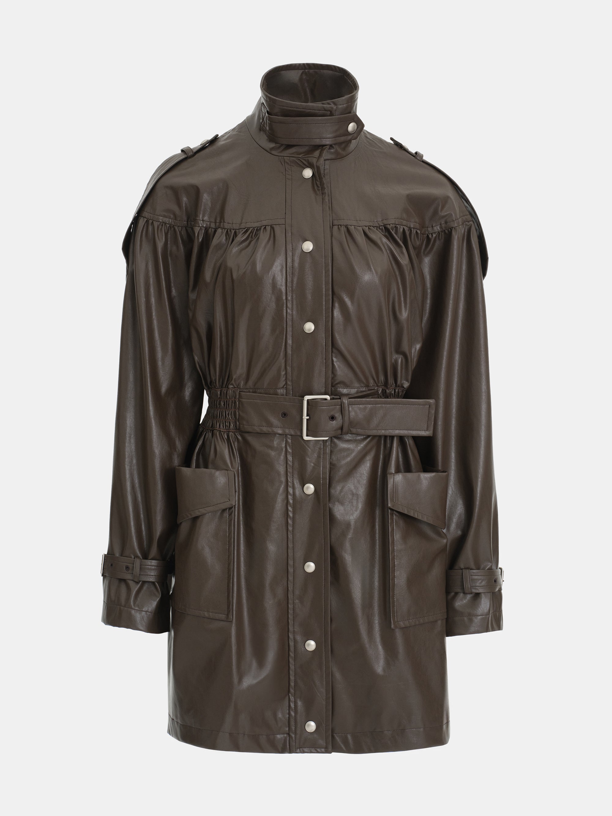 Kinsley Belted Faux-Leather Utility Jacket, Brown