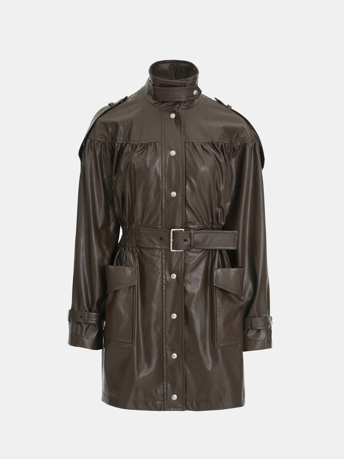 Kinsley Belted Faux-Leather Utility Jacket, Brown