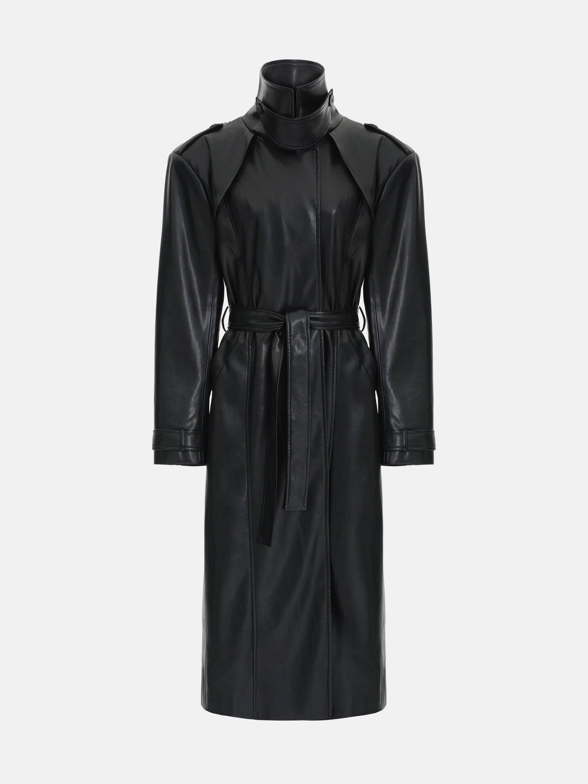 Belted Faux-Leather Coat, Black