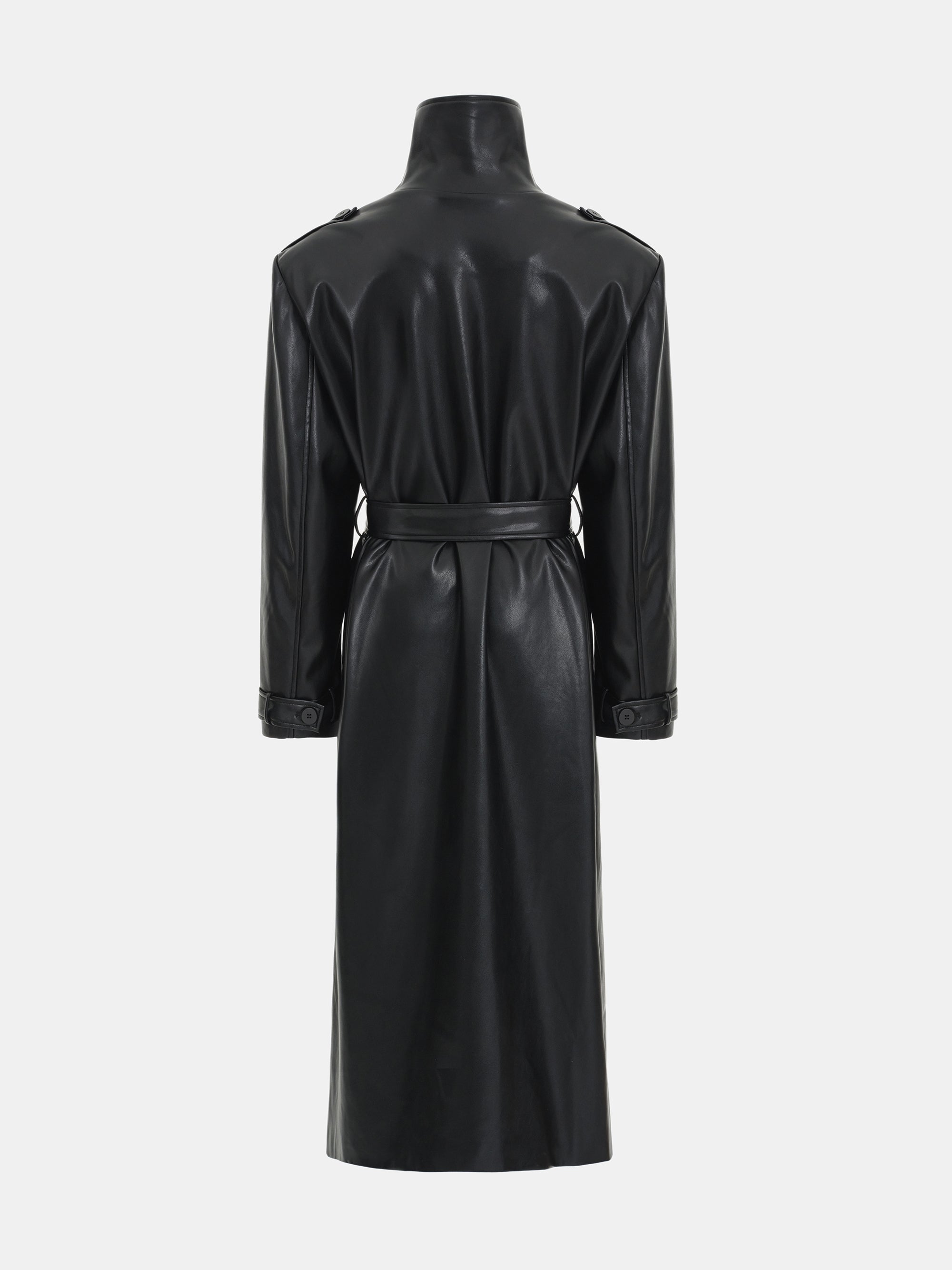 Belted Faux-Leather Coat, Black