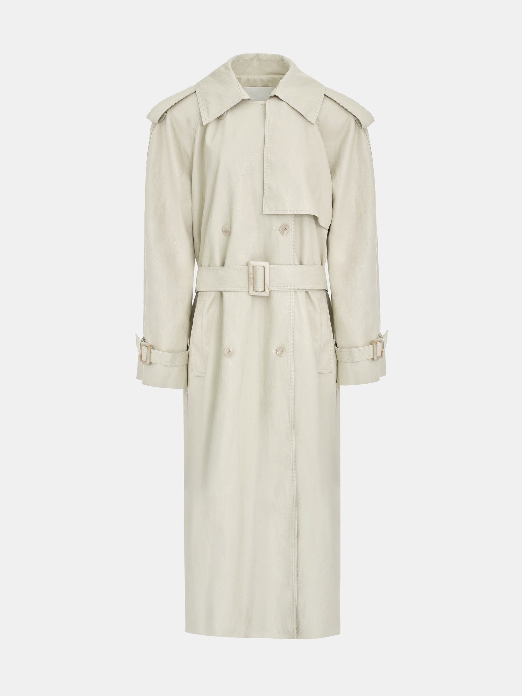 Oversized Faux-Leather Trench Coat, Beige