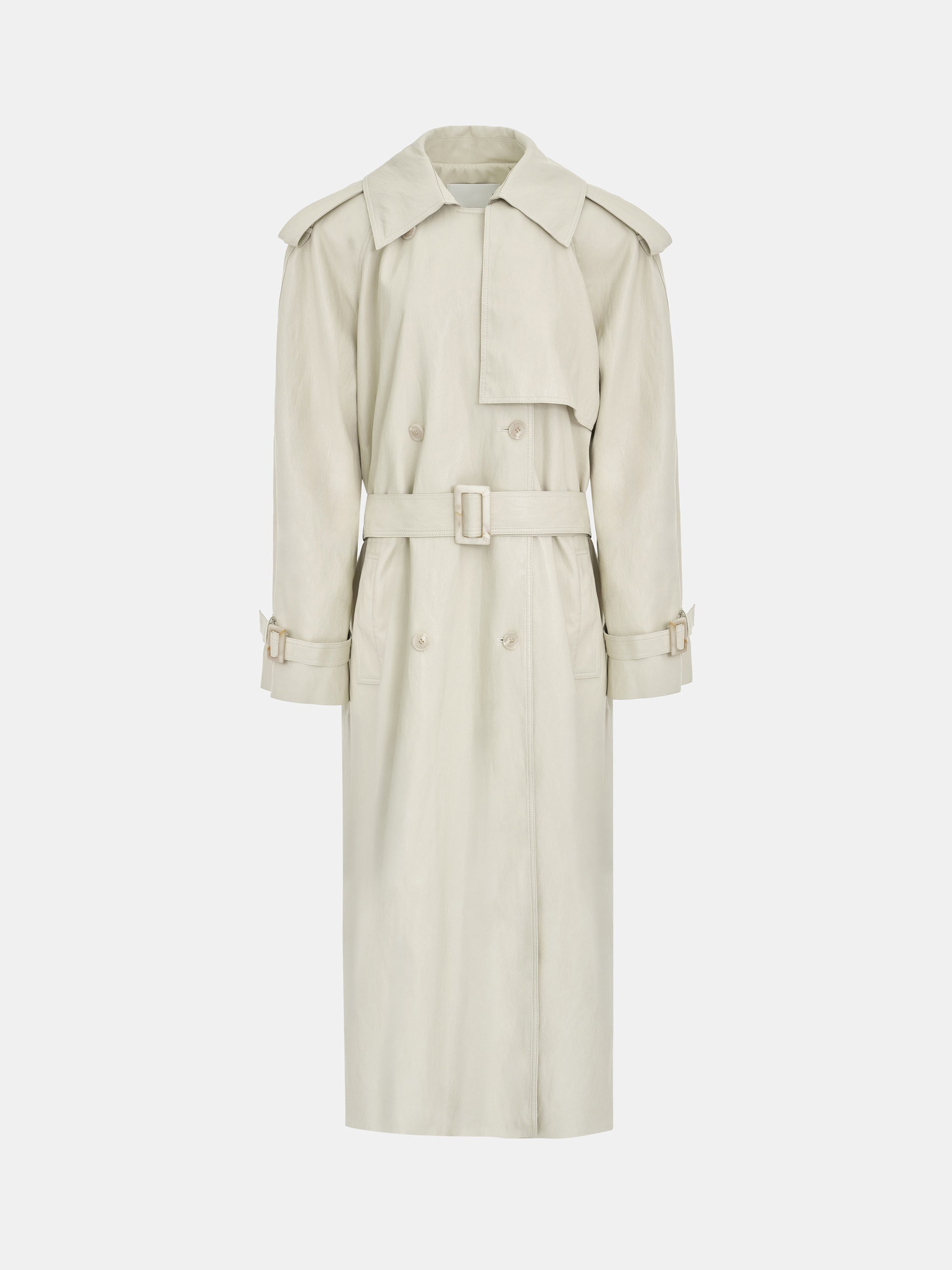Oversized Faux-Leather Trench Coat, Beige