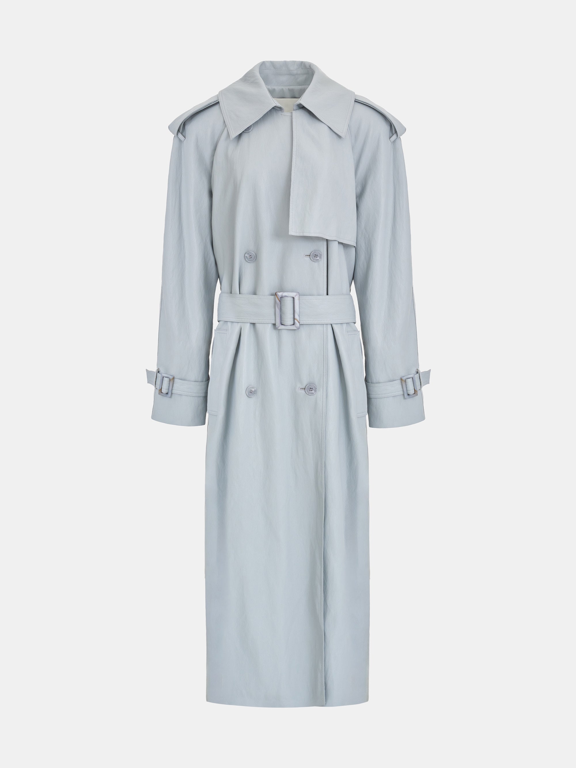 Oversized Faux-Leather Trench Coat, Pale Blue