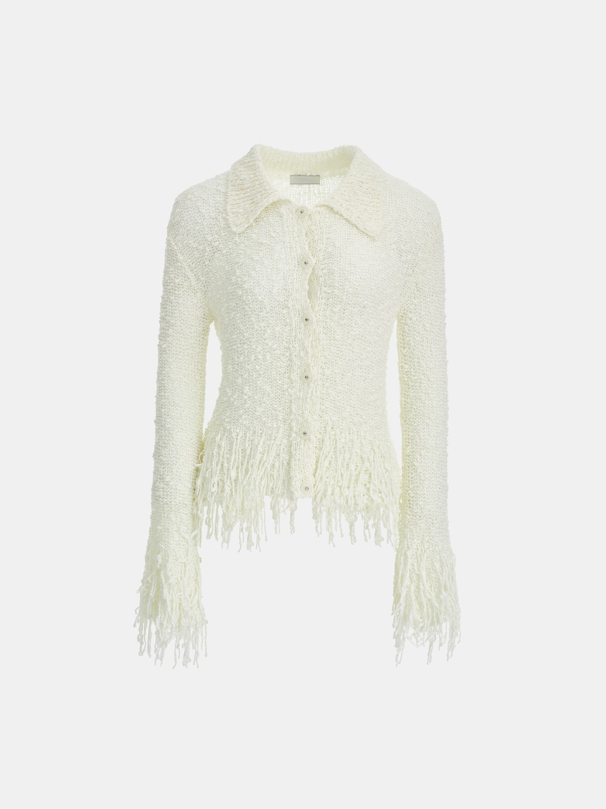 Fringe-Trimmed Open-Knit Cardigan, Ivory