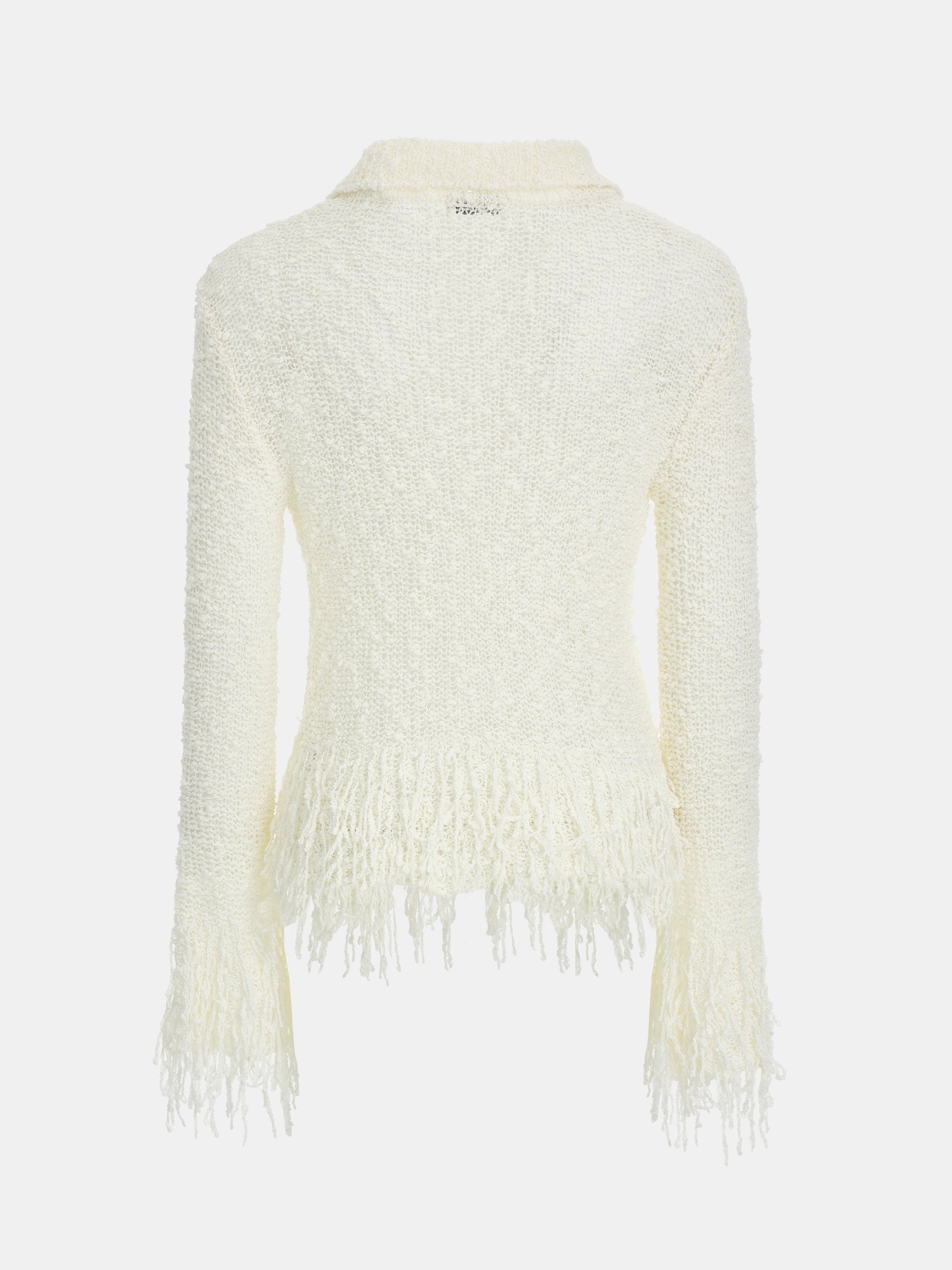 Fringe-Trimmed Open-Knit Cardigan, Ivory
