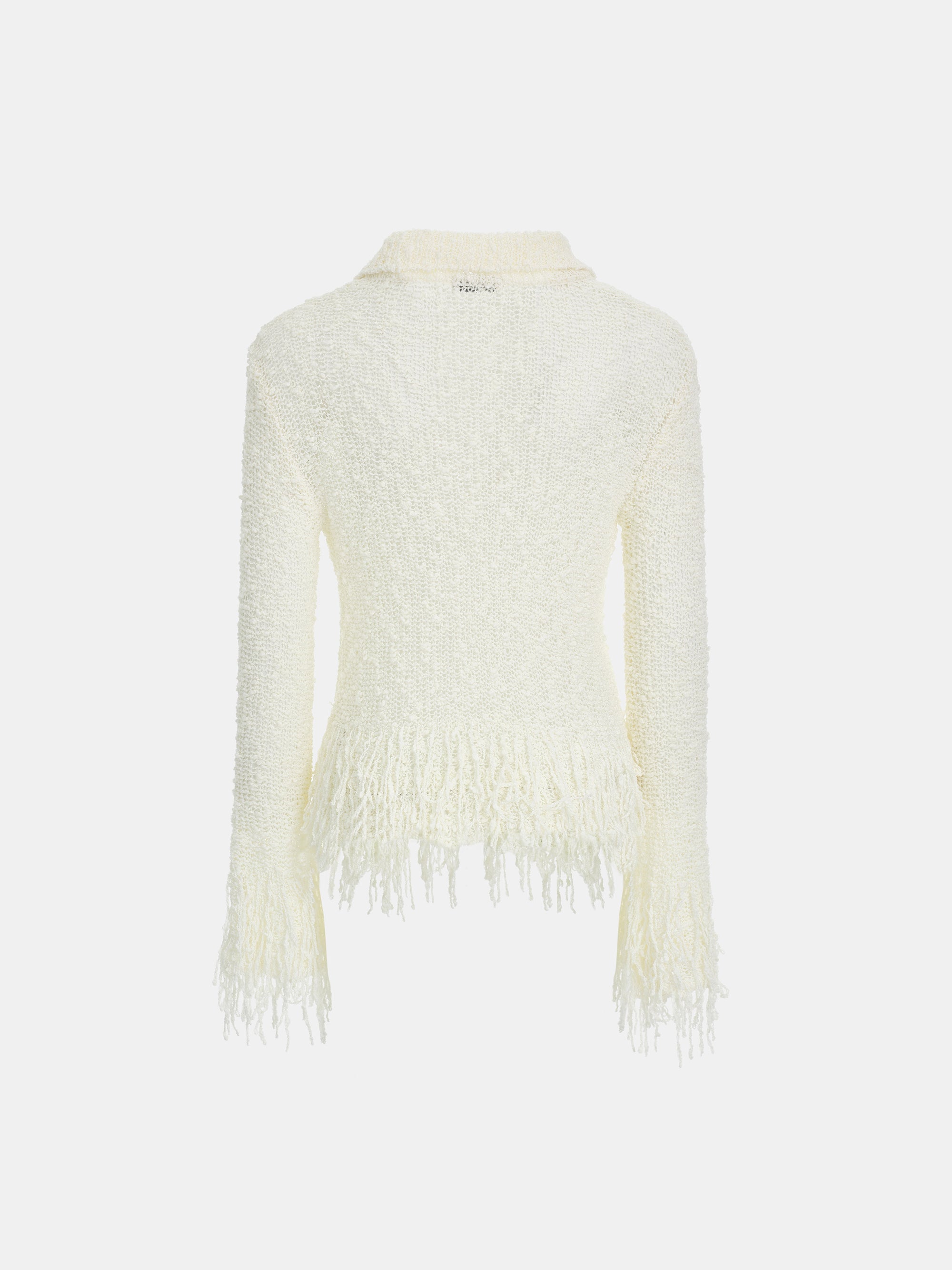 Fringe-Trimmed Open-Knit Cardigan, Ivory