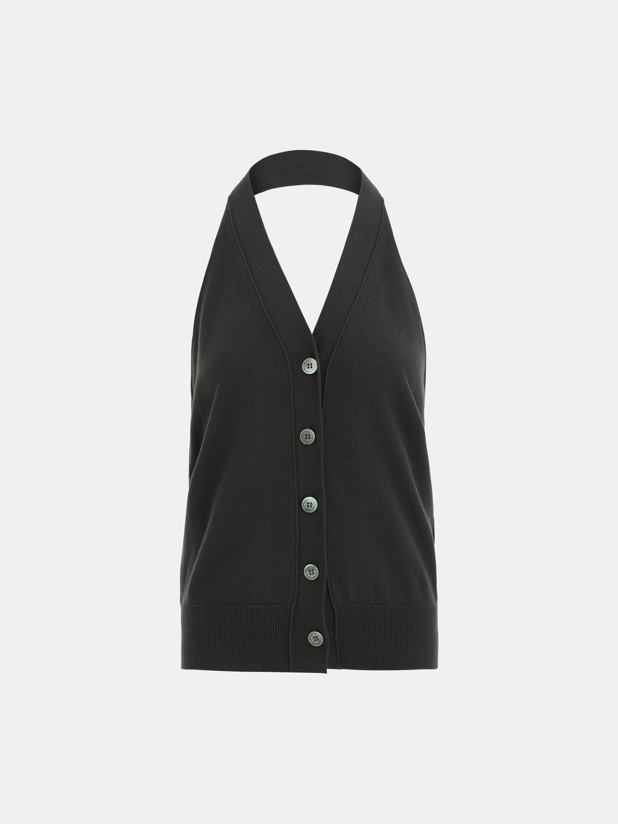 Button-Front Halter Knit Top, Charcoal