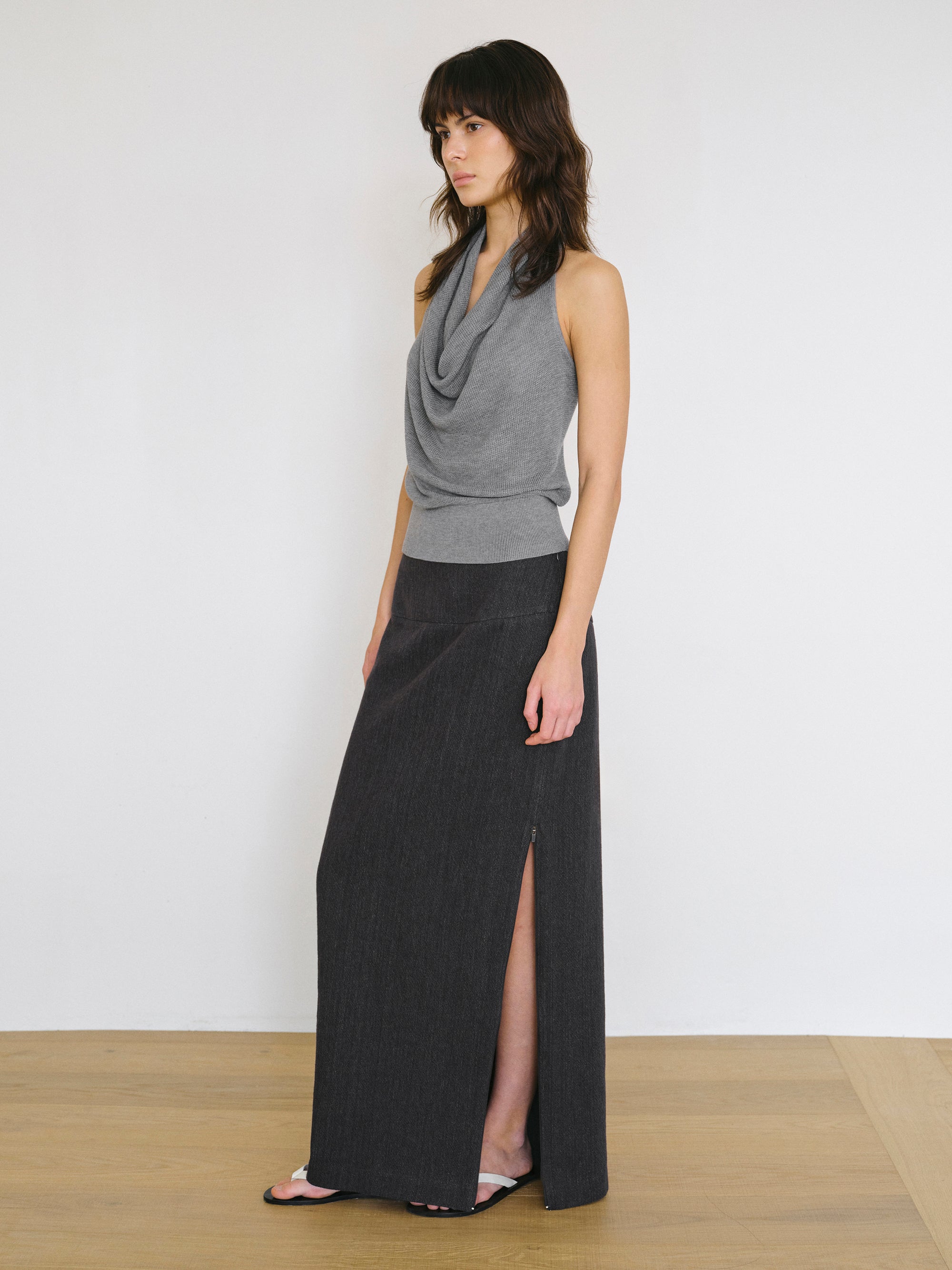 Side-Slit Linen-Blend Skirt, Charcoal