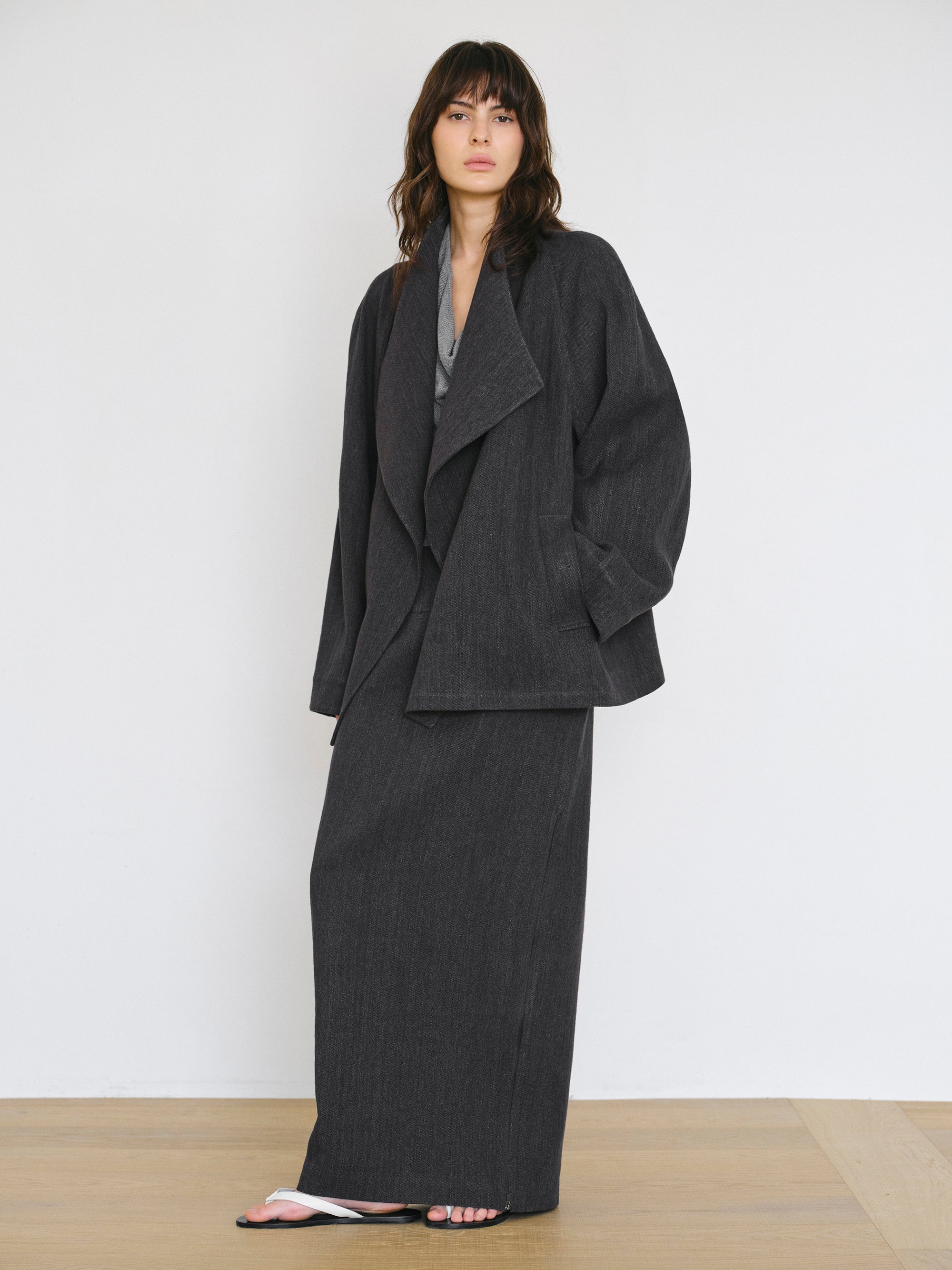 Shawl-Collar Linen-Blend Jacket, Charcoal