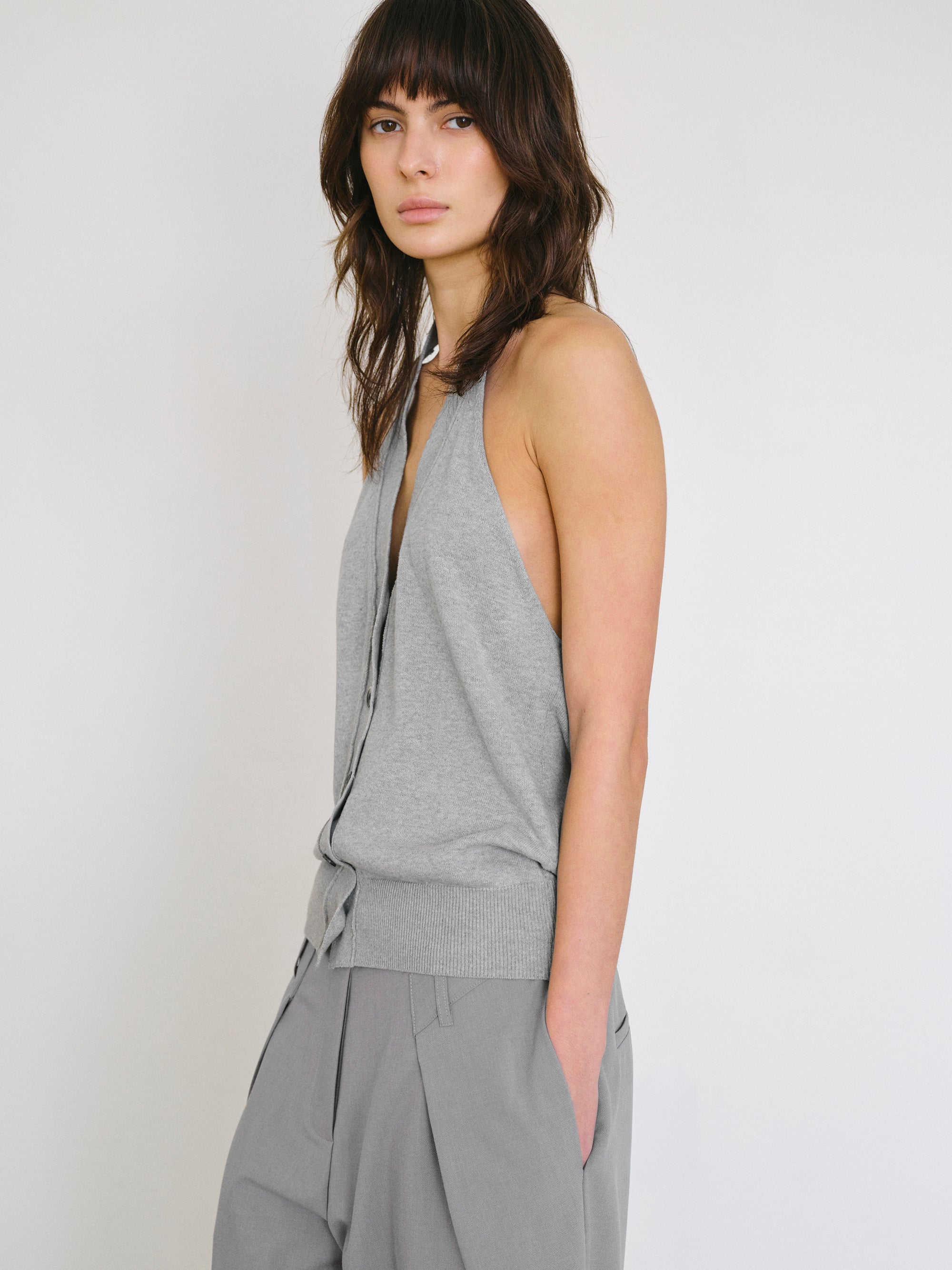 Button-Front Halter Knit Top, Grey