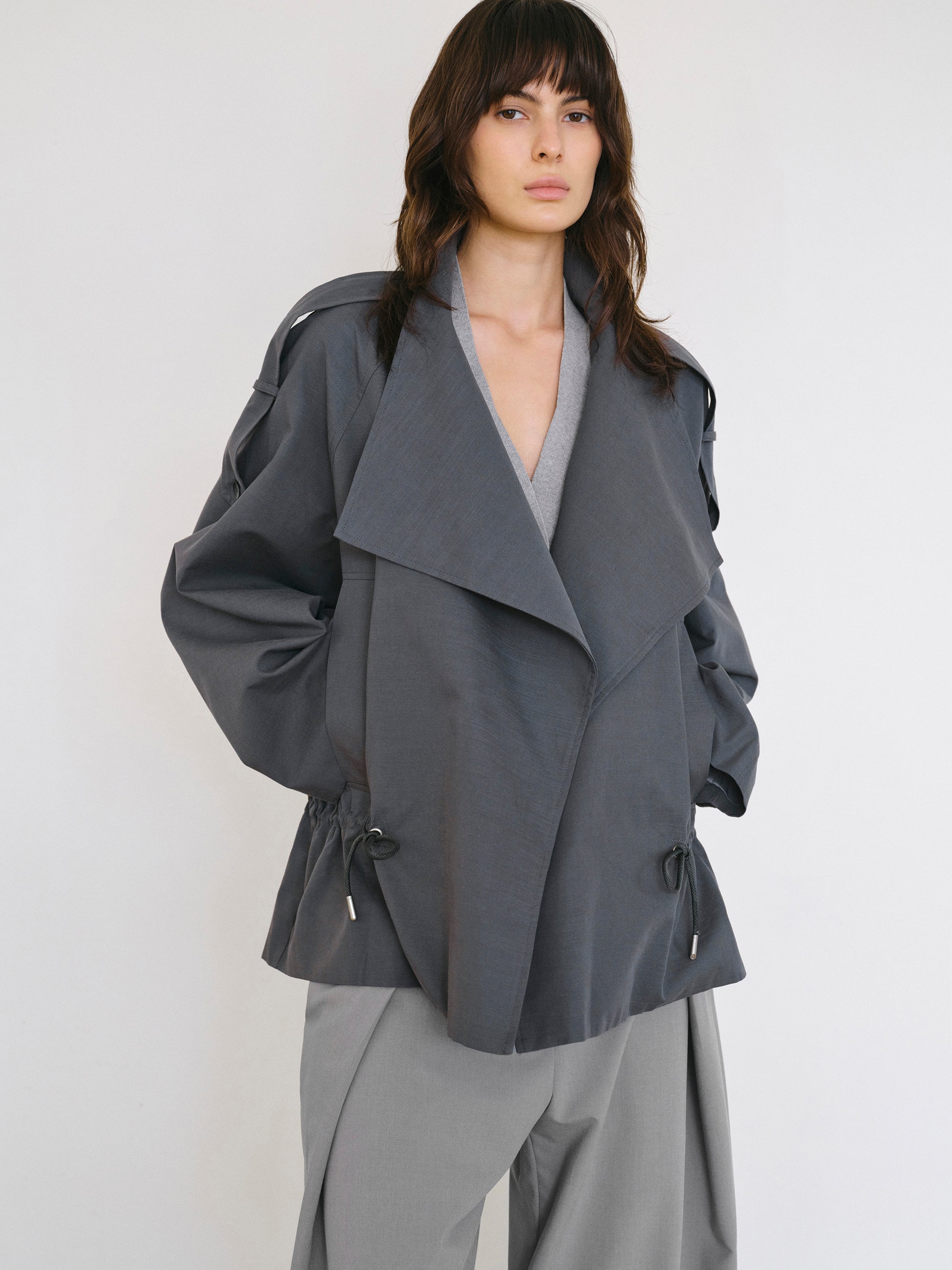 Drawstring Short Trench Jacket, Charcoal