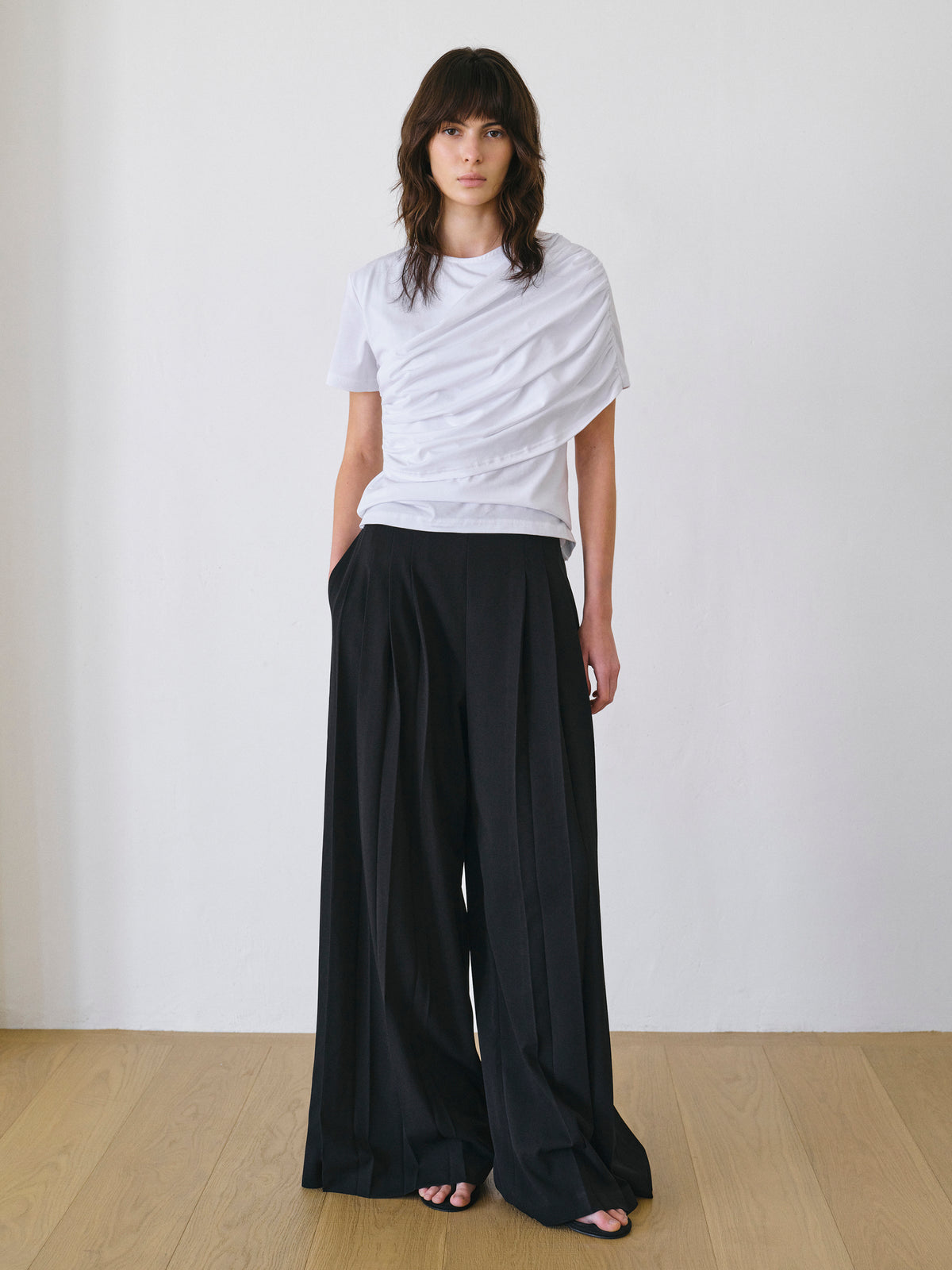 Eledra Asymmetric Ruched T-Shirt, White