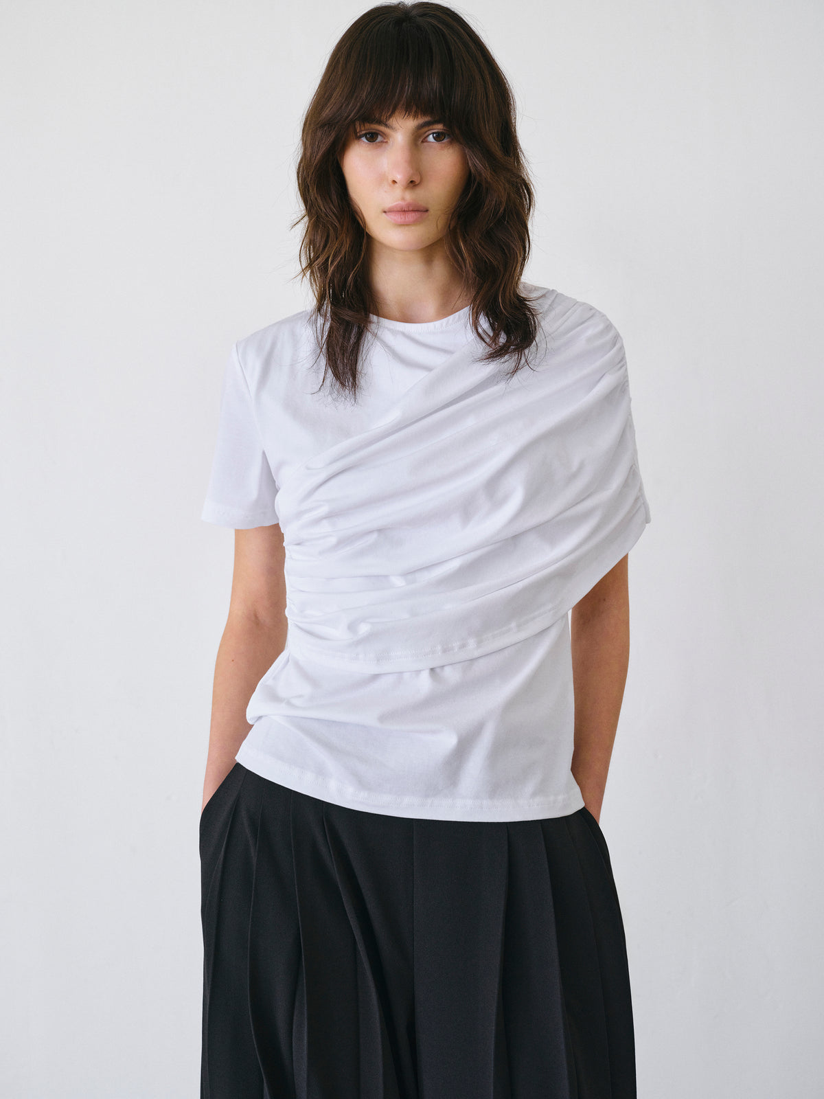 Eledra Asymmetric Ruched T-Shirt, White