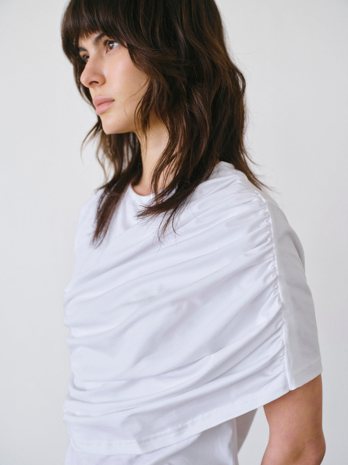 Eledra Asymmetric Ruched T-Shirt, White