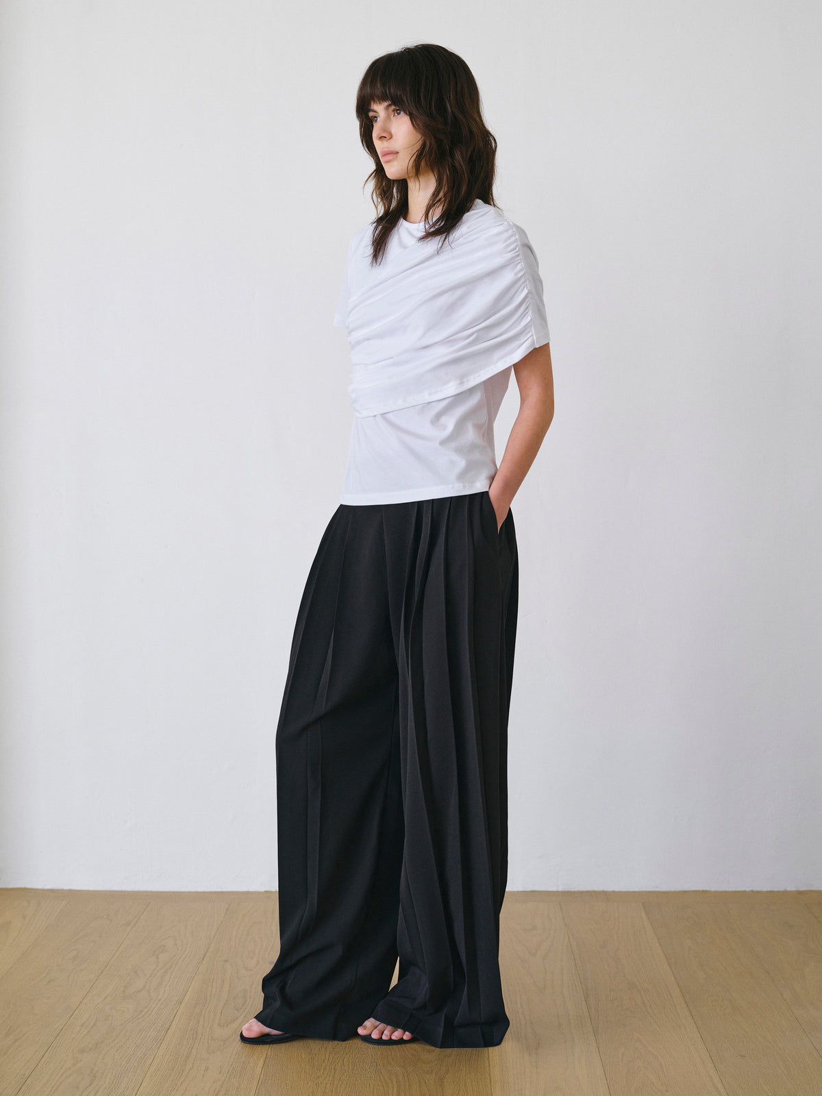 Eledra Asymmetric Ruched T-Shirt, White