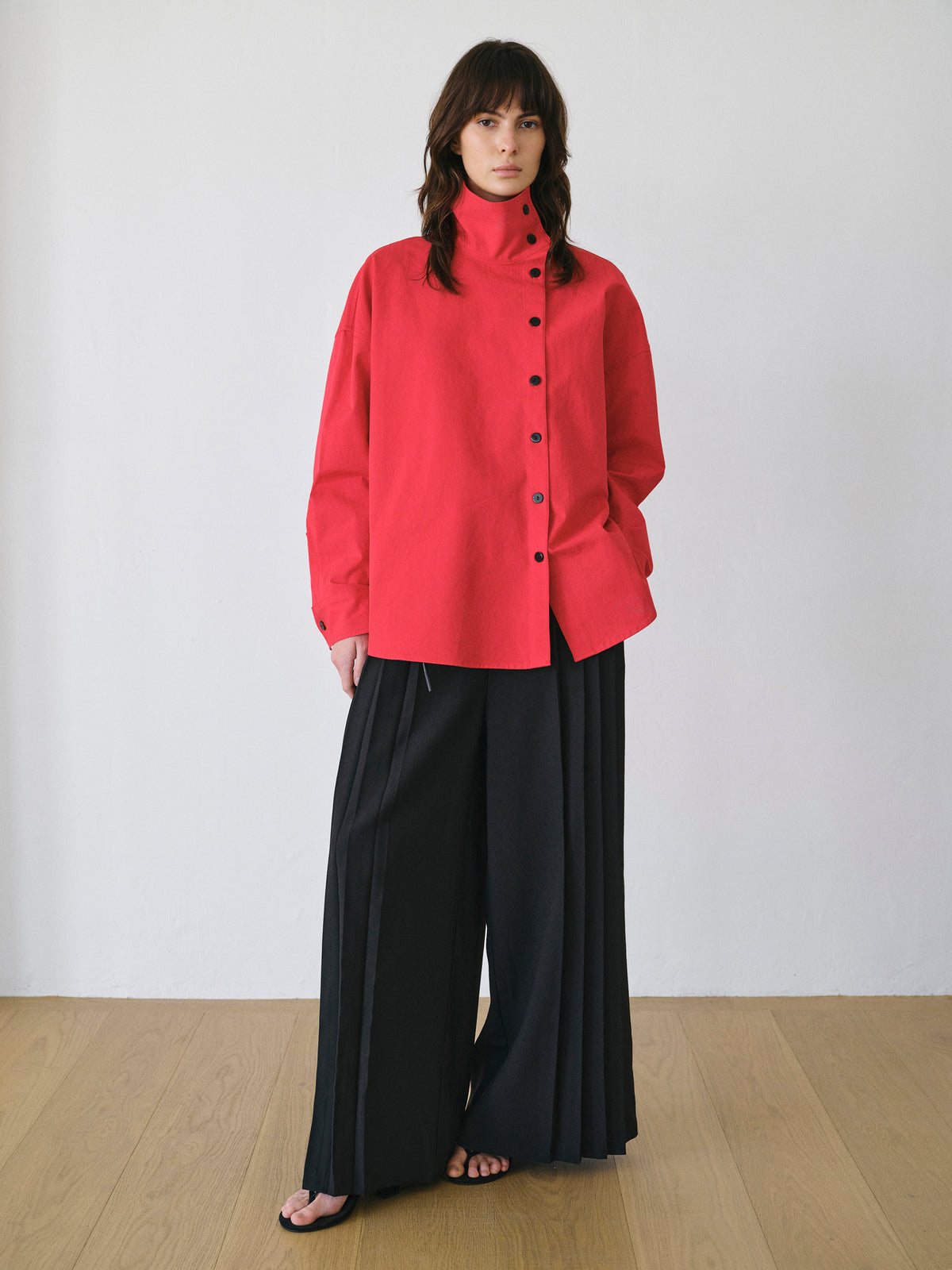 Scala Offset Button Funnel-Neck Shirt, Red