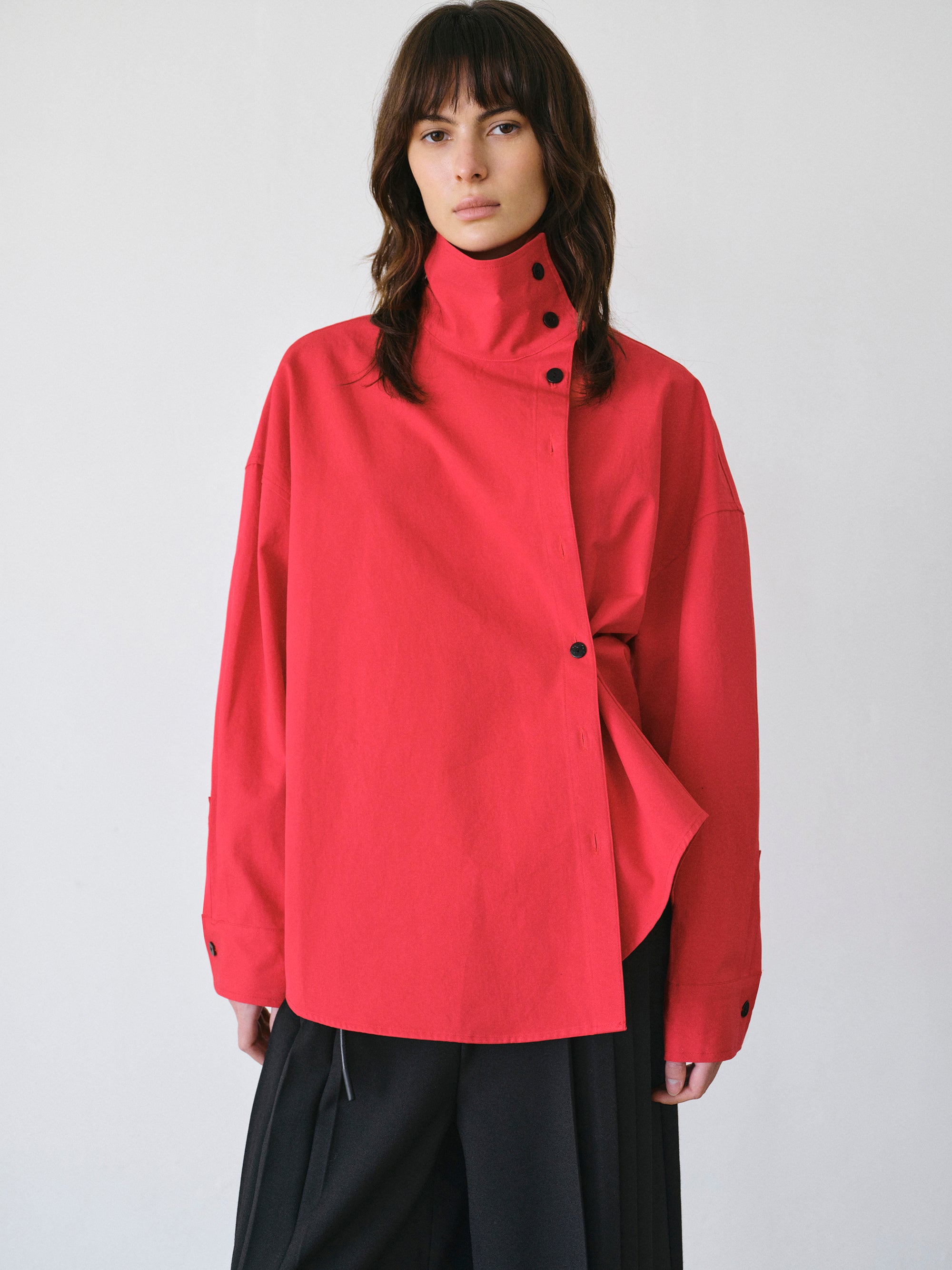 Offset Button Funnel-Neck Shirt, Red