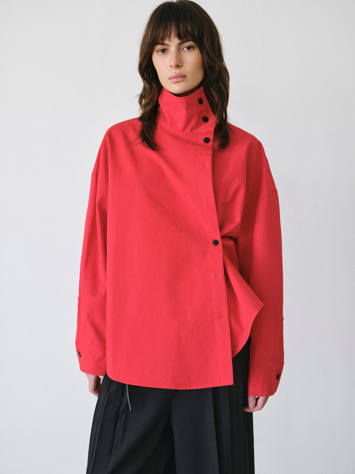Scala Offset Button Funnel-Neck Shirt, Red